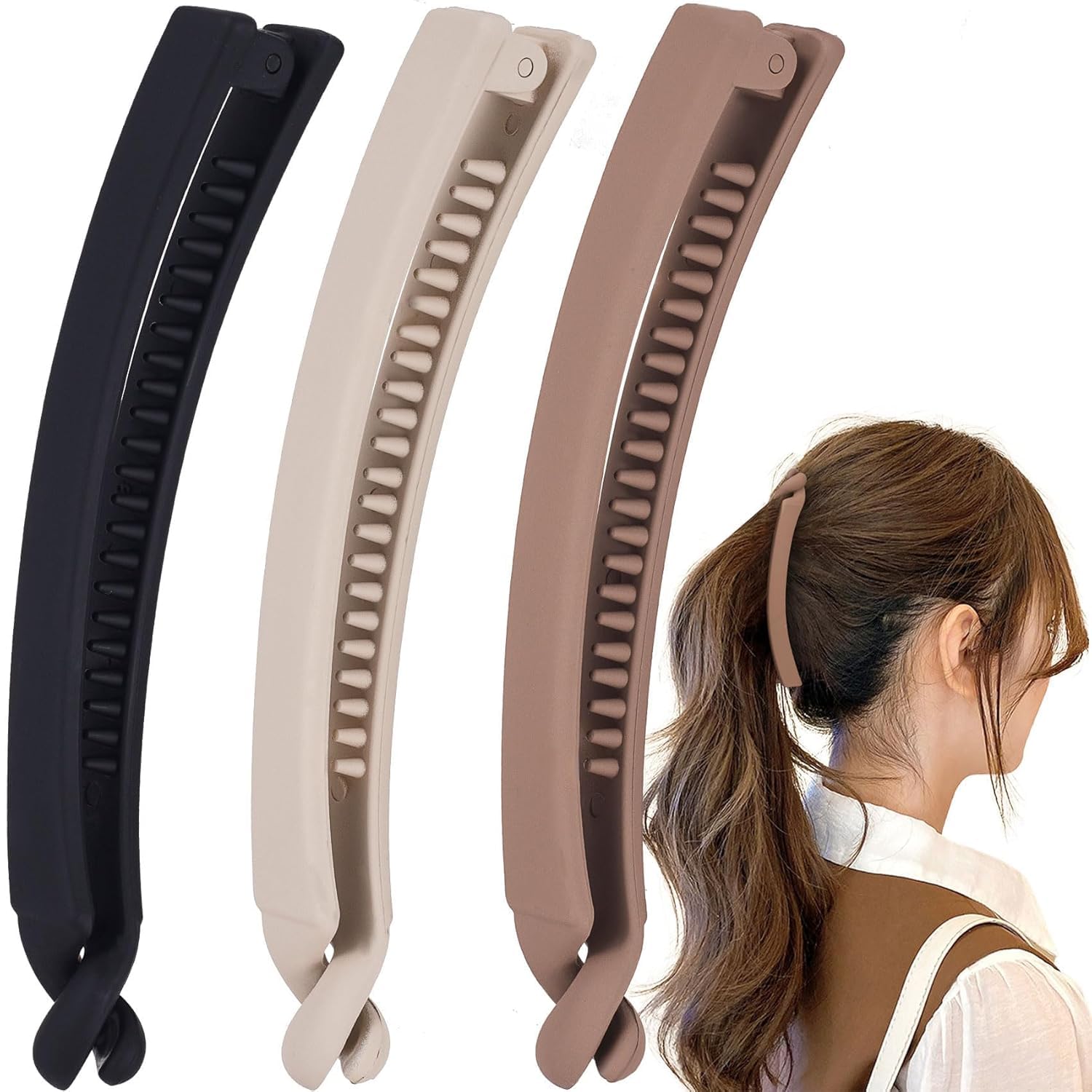 3-Pack French Banana Hair Clips, Large Non-Slip Double Comb Design for Thick and Thin Hair, Fish-Shaped Hair Holder in Black, Beige, Light Coffee-image-14