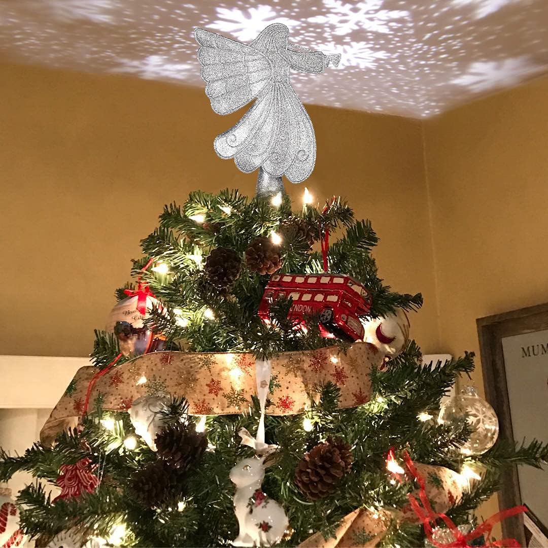 YZHI Angel Tree Topper, Christmas Tree Topper Projector Lighted Ornaments, Snowflake Lights 3D Christmas Tree Decoration Xmas Gifts (Silver)