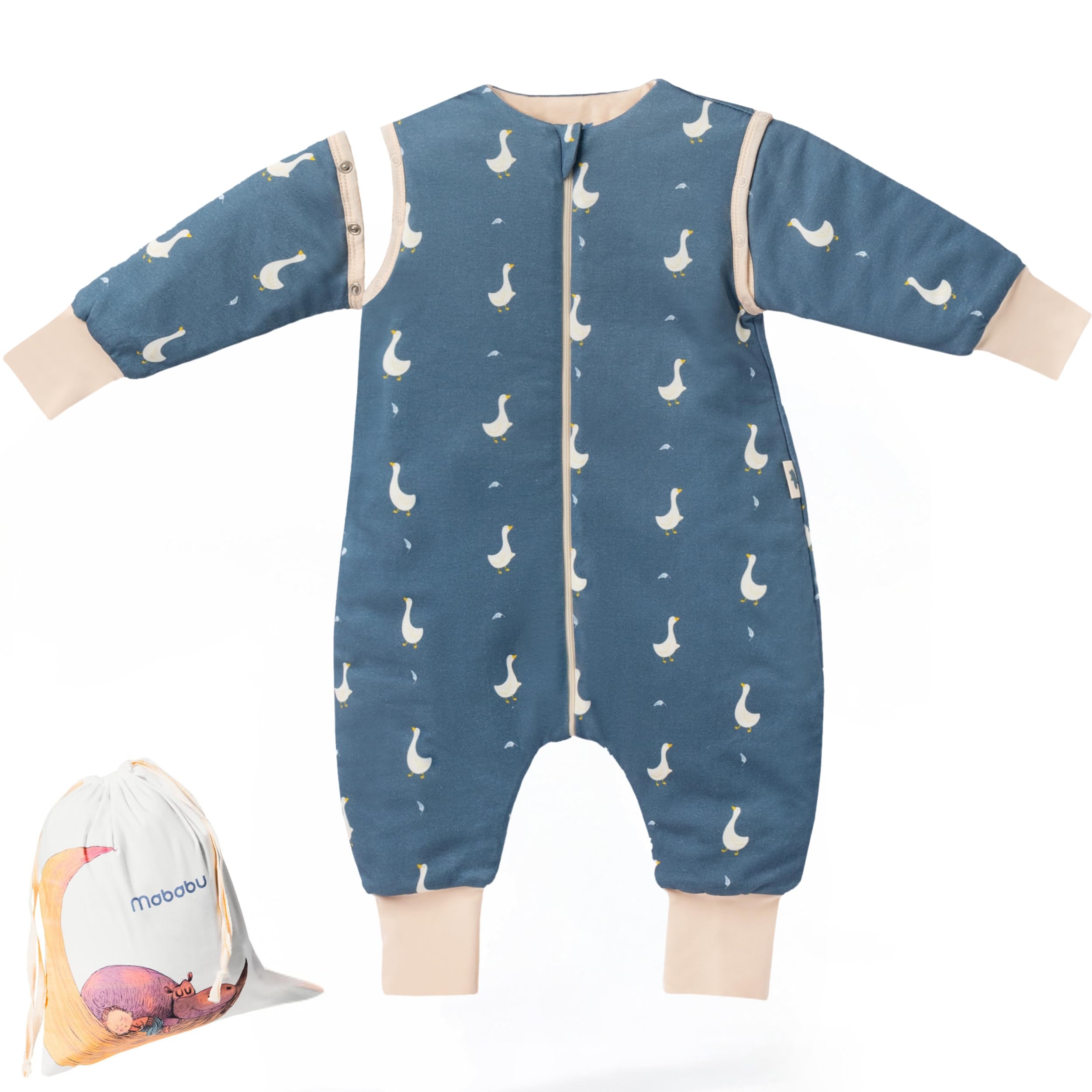Mababu Ganzjahres Baby Schlafsack mit Füßen & abnehmbaren Ärmeln - 1.5 TOG - 100% GOTS Bio-Baumwolle - Ganzjähriger Kinderschlafsack mit Füßen- umklappbare Bündchen - Goose Dream, 70cm