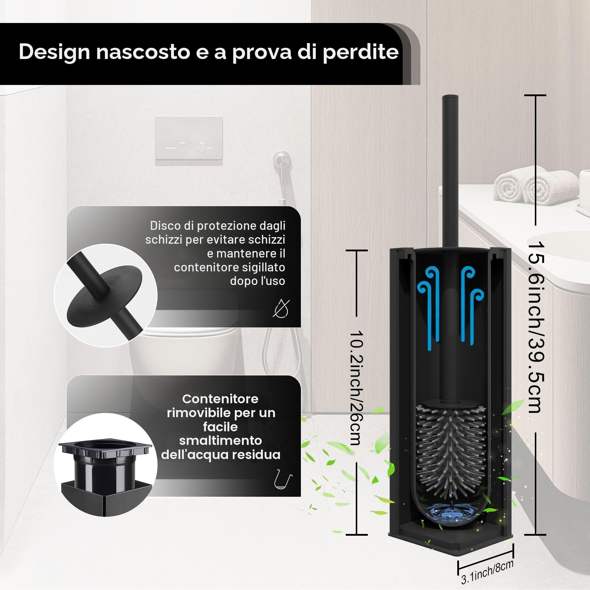 BVL Nero Scopino per WC, Scovolino WC in Silicone Morbido che Include 2 Teste di Spazzola per il Bagno, Scopino in Metallo