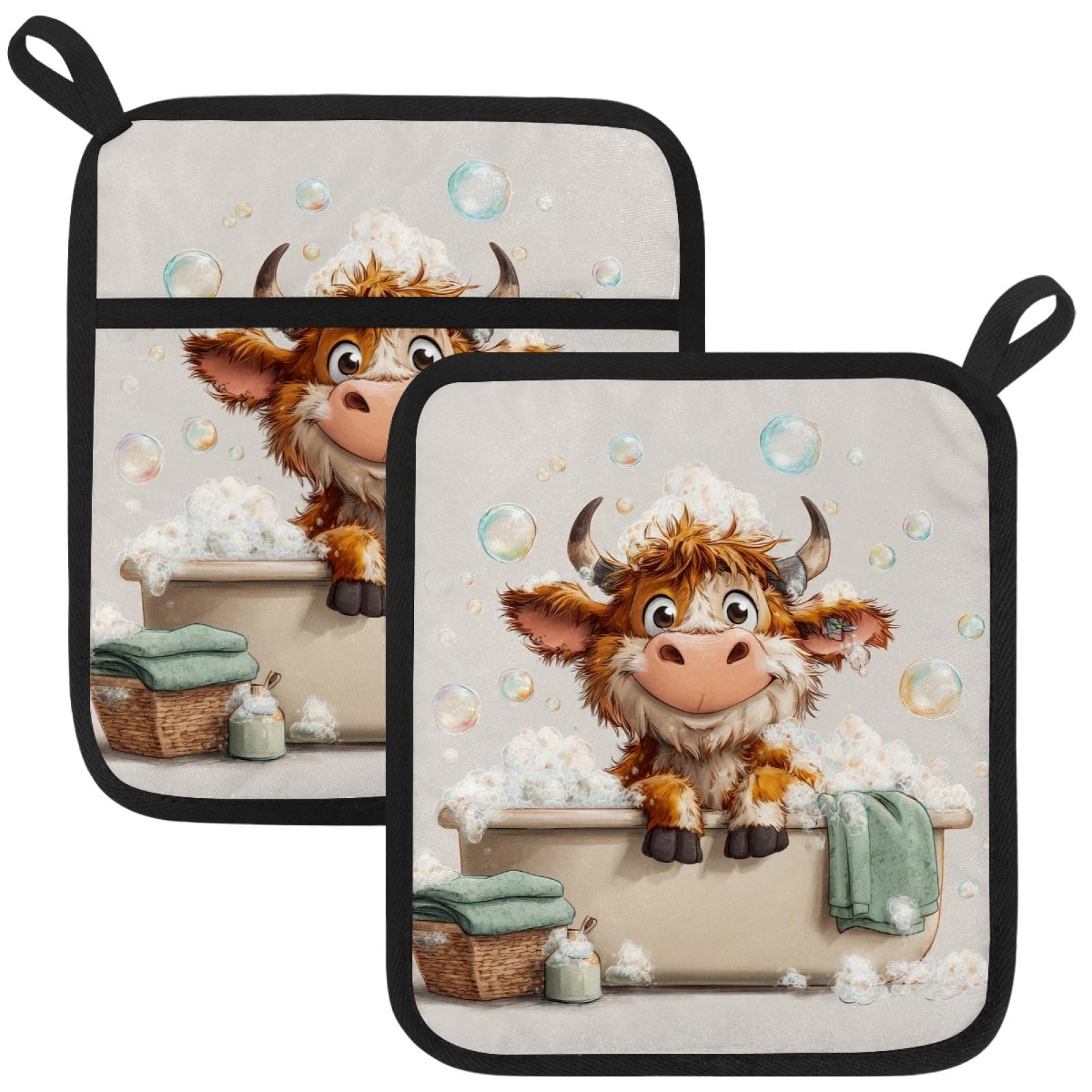 VAPOKF Highland Cow Kitchen Hot Pot Holder, Pot Holders Heat Resistant Pot Holder with Pocket Heat Resistant Trivets for Hot Pans Cotton Pot Mitts for Kitchen Cooking Baking