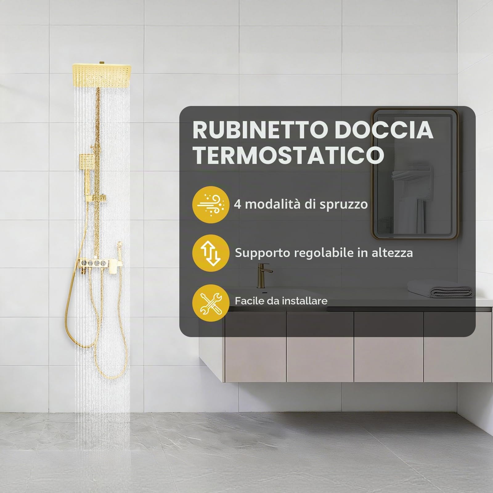 Sistema doccia dorato, regolabile in altezza (80-120 cm), set da parete con 4 funzioni, uscita acqua, doccia a pioggia, doccetta, rubinetto per vasca da bagno, bidet doccia