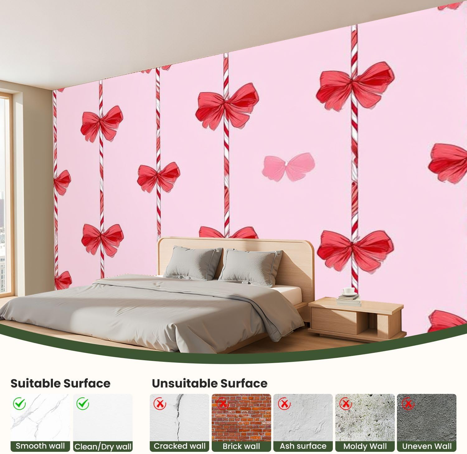 Modern Peel and Stick Wallpaper Removable Wall Murals 3D Candy Cane Christmas Cute red Bow Seamless Coquette Peppermint Sticks Self-Adhesive PVC Wall Stickers for Living Room Bedroom 144"x100"