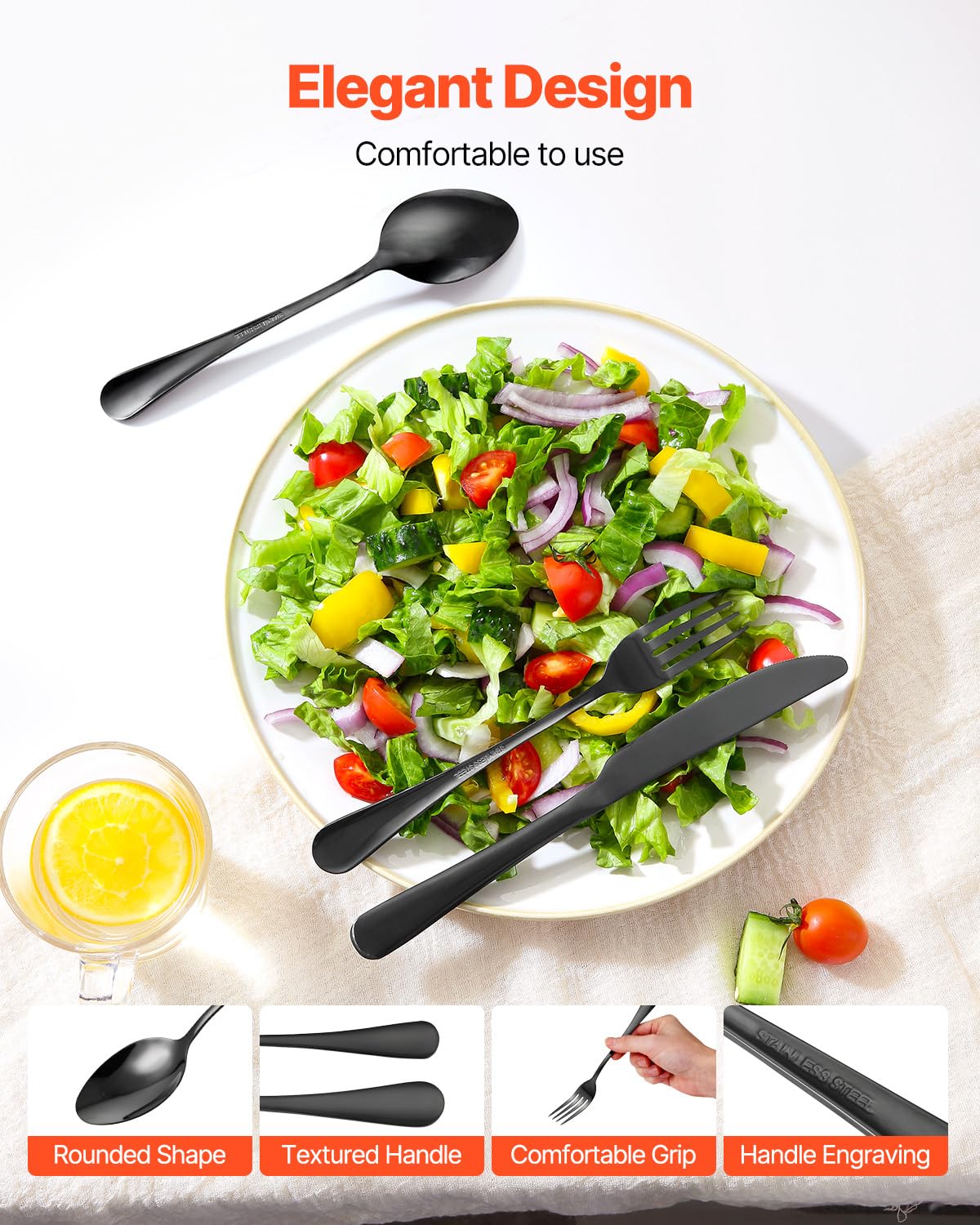 VEVOR Juego de Cubiertos Negros de 48 Piezas con Cuchillos para Carne, Acero Inoxidable de Grado Alimenticio para 8 Personas, con Acabado de Espejo, Vajilla Apta para Lavavajillas para la Cocina
