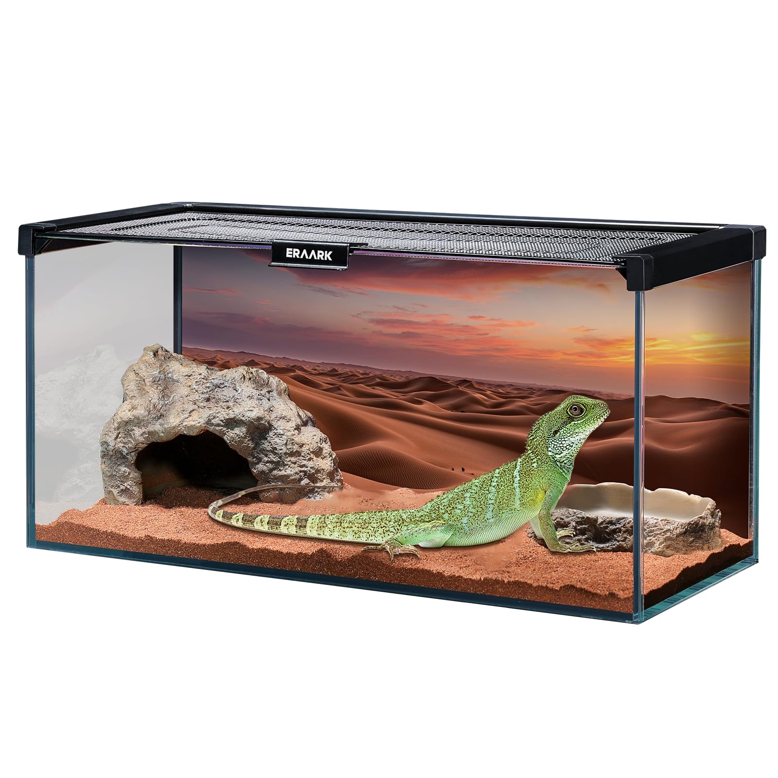 ERAARK Reptile Terrarium 4.5 Gallon Glass Reptile Tank 16"x7.8"x7" with Top Screen Ventilation,Hide Cave,Water Bowl for Bearded Dragon,Lizard,Spider,Hamster,Hermit Crab, Turtle Tortoise