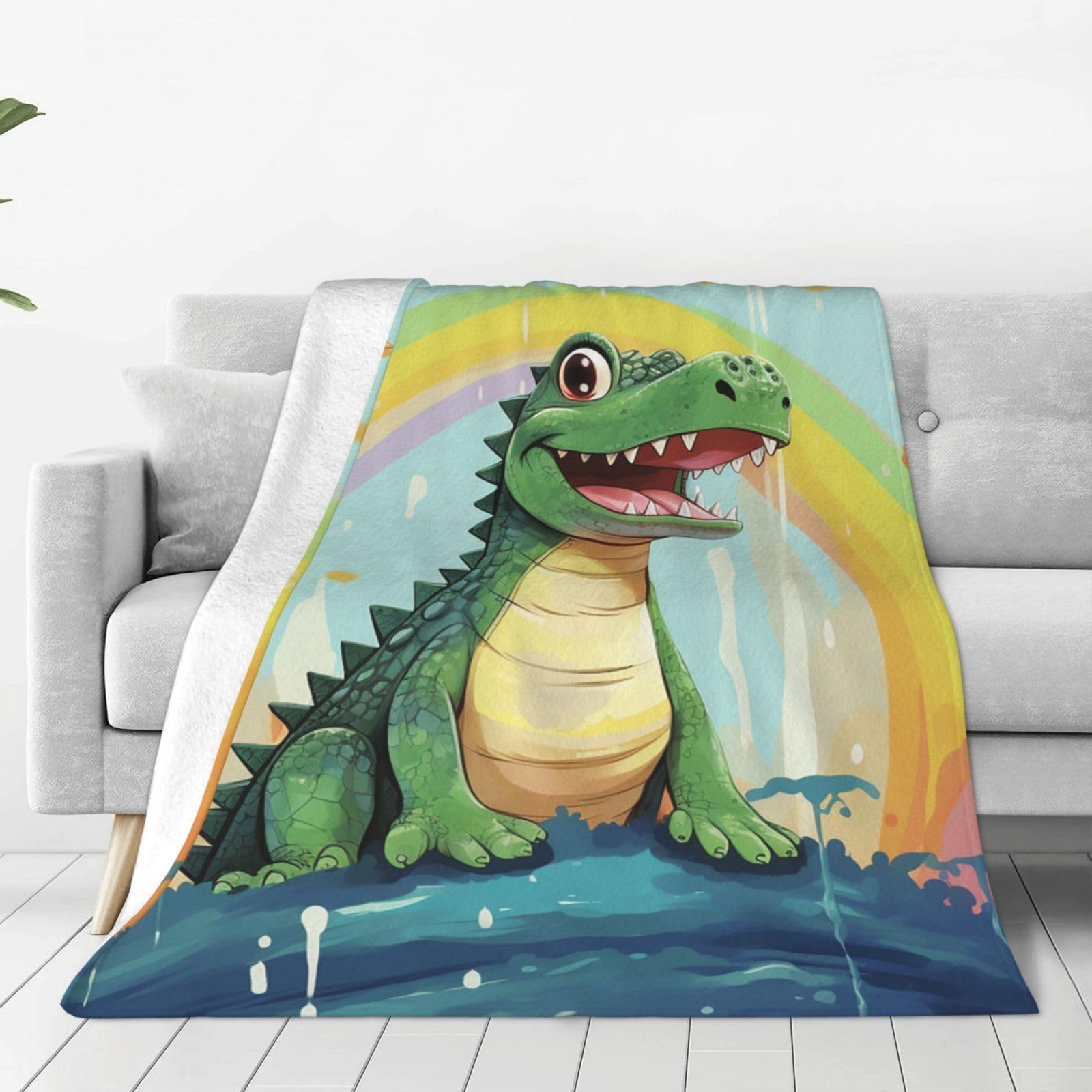 Cute Crocodile Rainbow Throw Blanket for Couch, Plush Fuzzy Soft Flannel Blankets and Throws for Sofa, 50"x40" Bed Blankets for Travel Camping Chair, All Season Warm Fleece Blanket