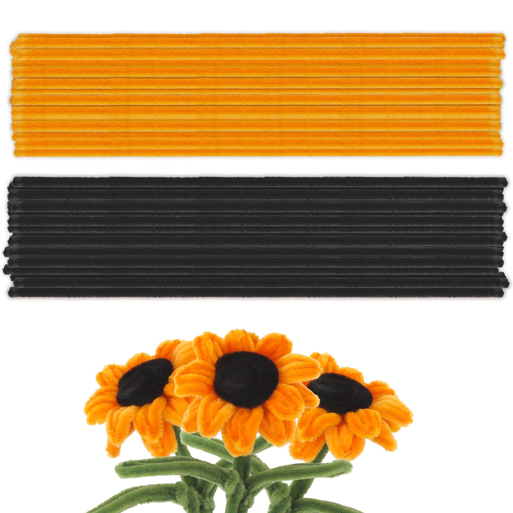 200pcs Pipe Cleaners for Craft Flowers, Black Orange Yellow Pipe Cleaners,Chenille Stems Sunflower Bouquet Floral Festive Supplies Halloween Thanksgiving
