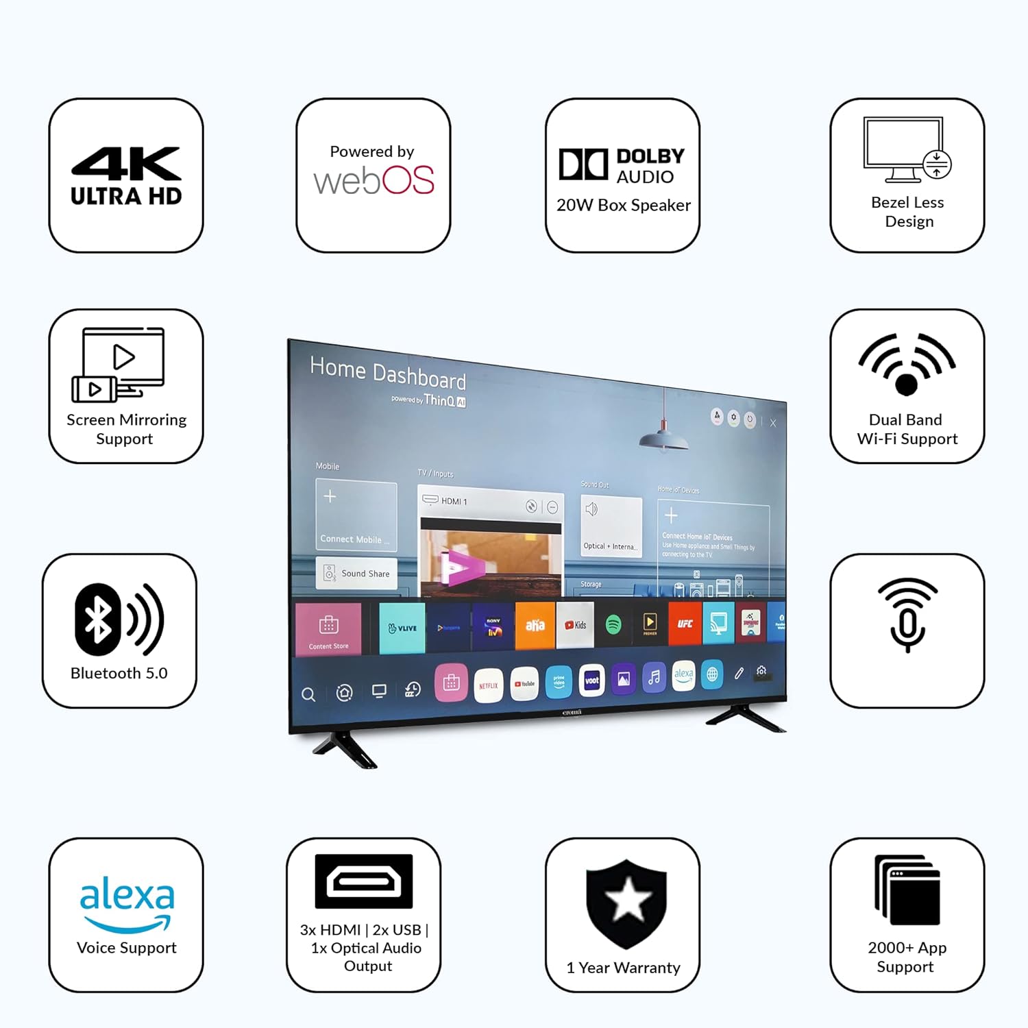 Croma 127 cm (50 Inches) 4K Ultra HD Smart LED TV CREL050USA024601 (Black) (2022 Model) 50.0 Inches