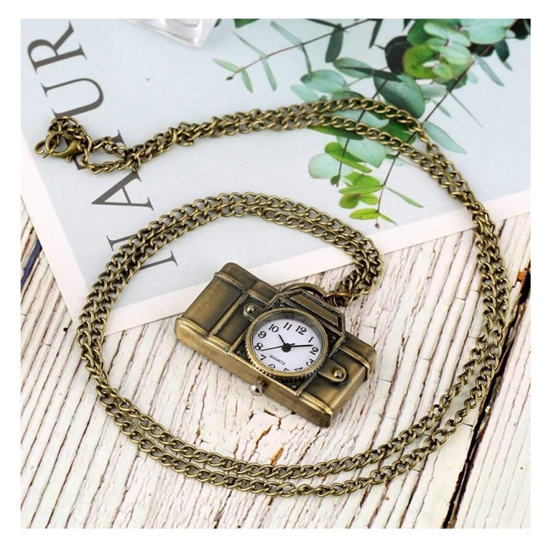 Reloj de Bolsillo Unisex Reloj De Bolsillo Cuarzo con Forma Cámara Única, Collar Colgante Moda Bronce Vintage, Relojes Clásico Fiestas