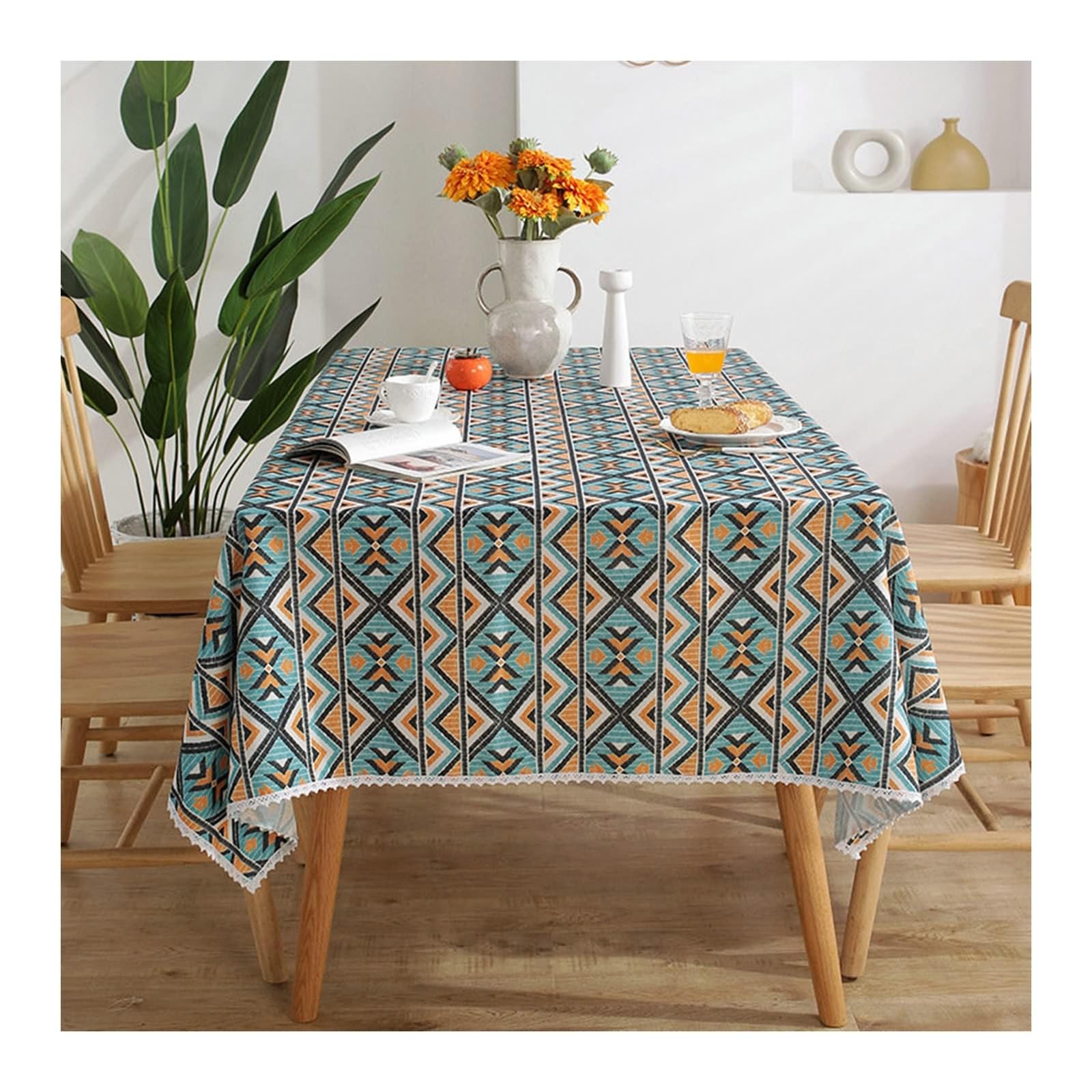 Daesar Mantel Protector Rectangular,Manteles Antimanchas Poliéster Patrón de Geométrico Vintage con Encaje Mantel Mesa Cocina Rectangular Azul Naranja,140x220CM(87x55Inch)