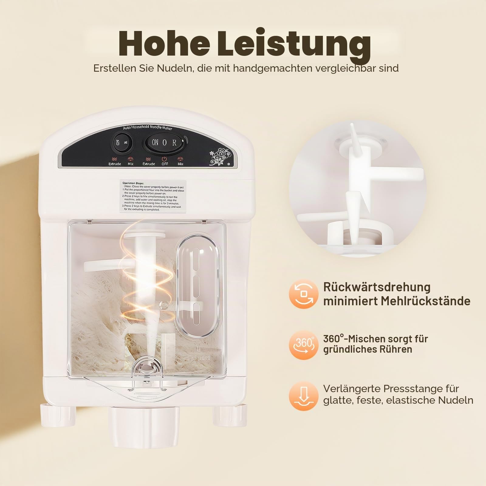 Elektrische Nudelmaschine Vollautomatische 260W mit 9 Aufsätzen, Automatische Nudelmaschine für Nudeln, Pasta, Teigtaschen, bis zu 500g Mehl, 3-Minuten Knetvorgang