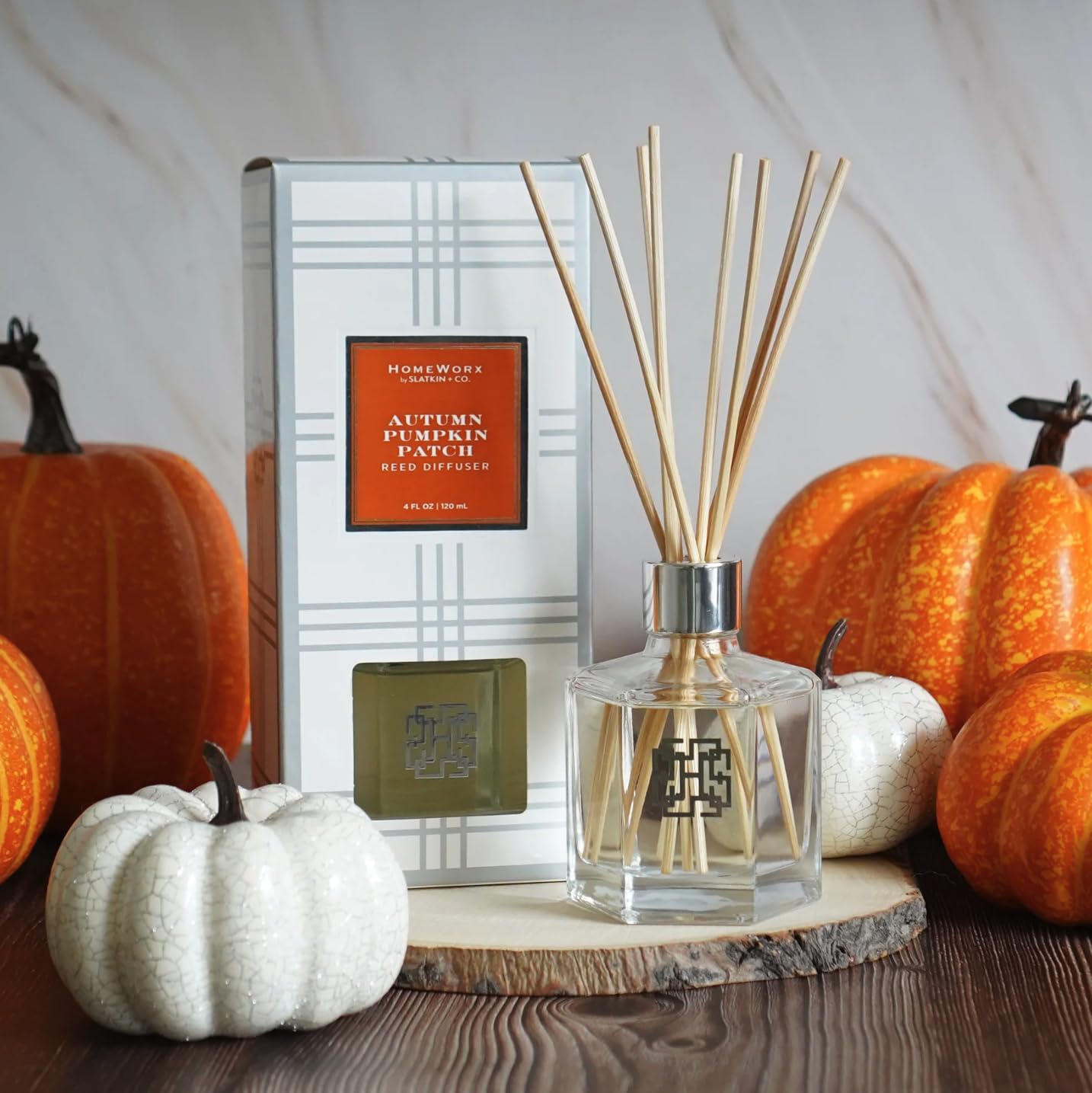 HomeWorx Reed Diffuser Set, Autumn Pumpkin Patch - Scented Oil Reed Stick Diffuser (Heirloom Pumpkin, Fresh Ginger, Red Apple & Cinnamon Sugar) - Long-Lasting Scent Fragrance Oil