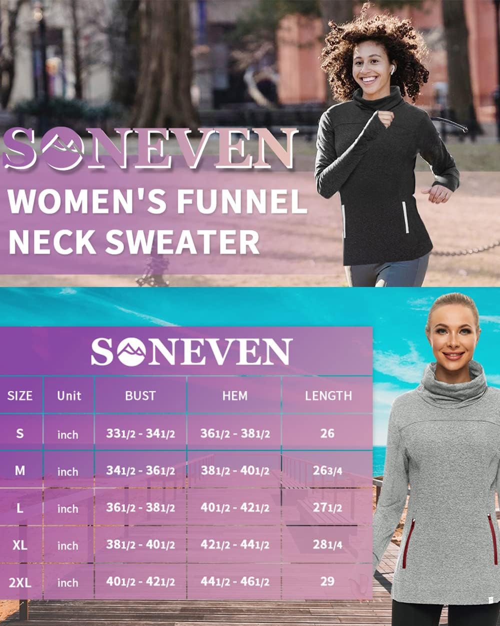 Soneven Women's Running Fleece Sweatshirts Cowl Neck Thermal Pullover Long Sleeve Shirt with Pocket and Neck Gaiter Face Mask - Image 6