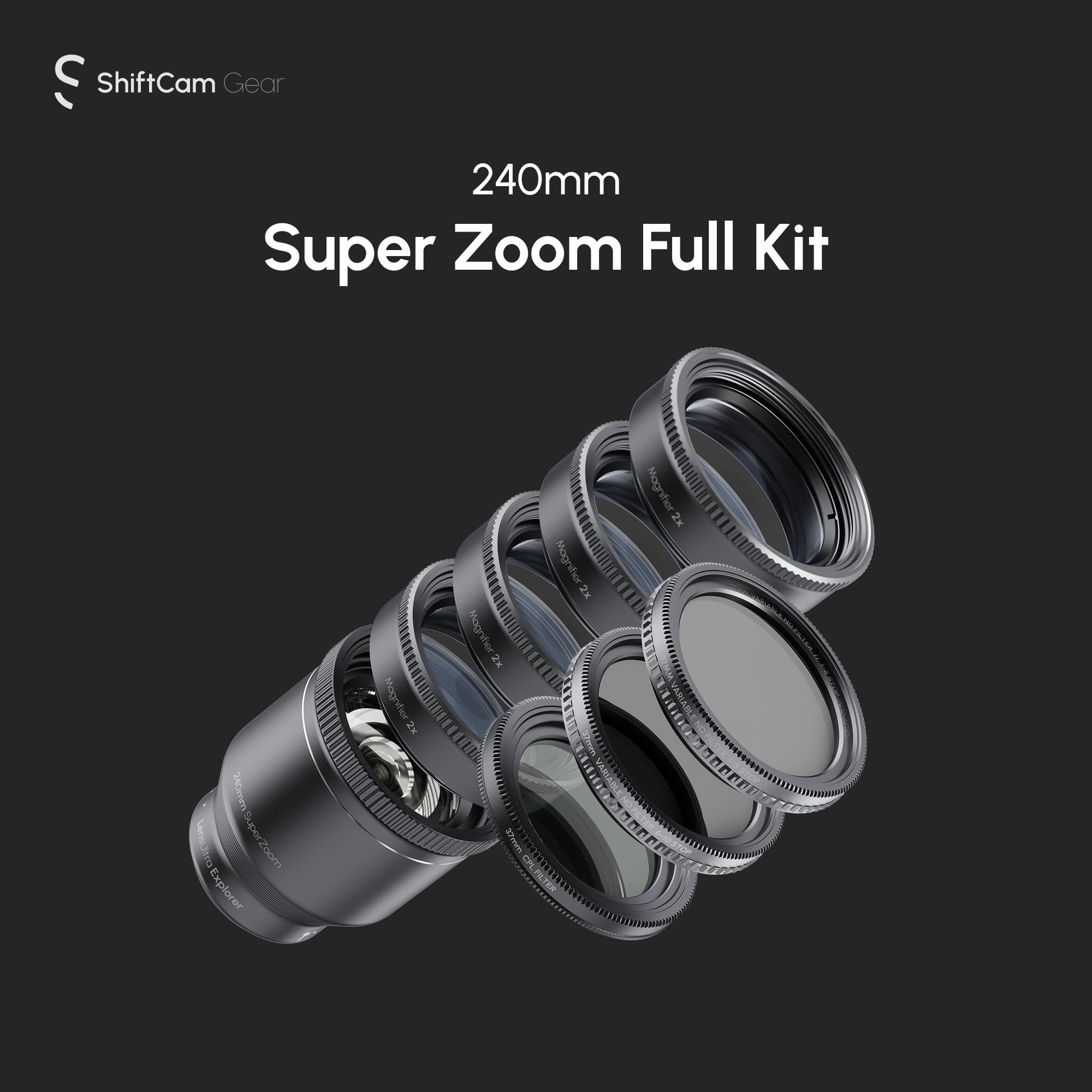 ShiftCam LensUltra 240 mm Super Zoom Teleobjektiv-Set für iPhone & Android – 240 mm Teleobjektiv + 4 Makrokonverter + 3 Filter – Komplette Weitreichweite + Nahaufnahmen für Distanz- und