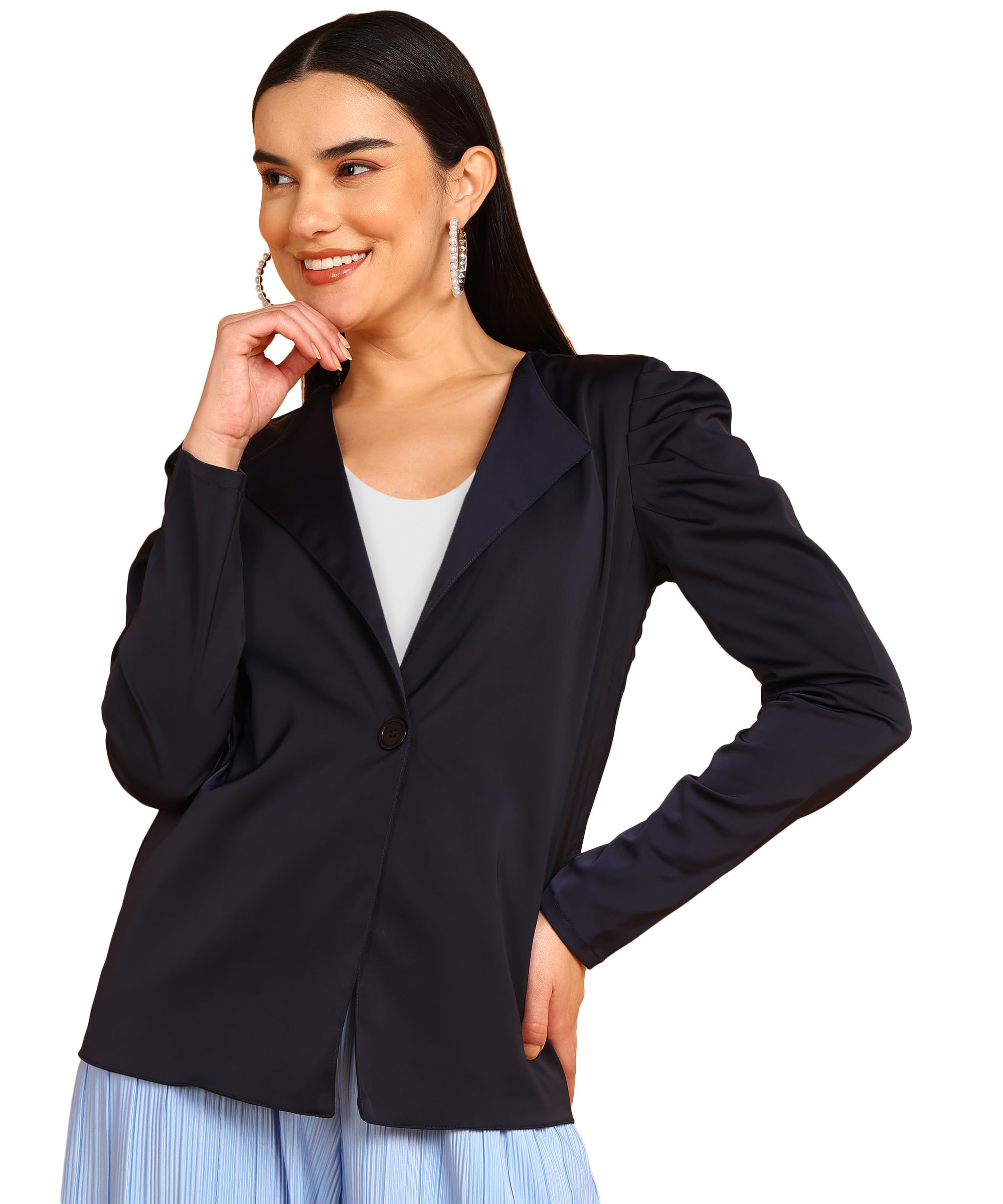 fashfun clothing Fashfun Women's Navy Blue Solid Blazer with Puff Sleeve-picture-45