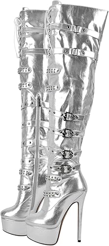 Richealnana Botas altas hasta la rodilla con plataforma y cordones para mujer