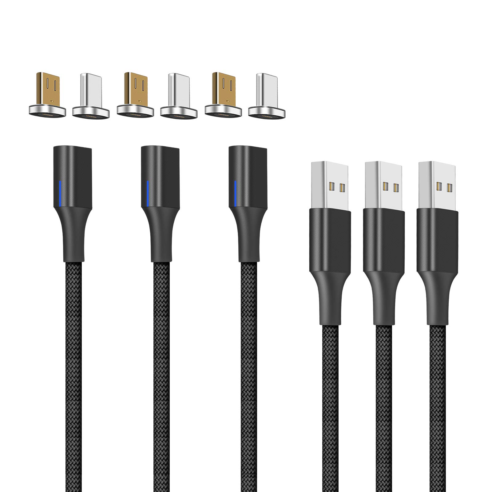 NetDot Gen10 Micro usb and USB-C Nylon Braided Magnetic Fast Charging Cable with Side LED compatible with Android Device(1m/3 pack black)