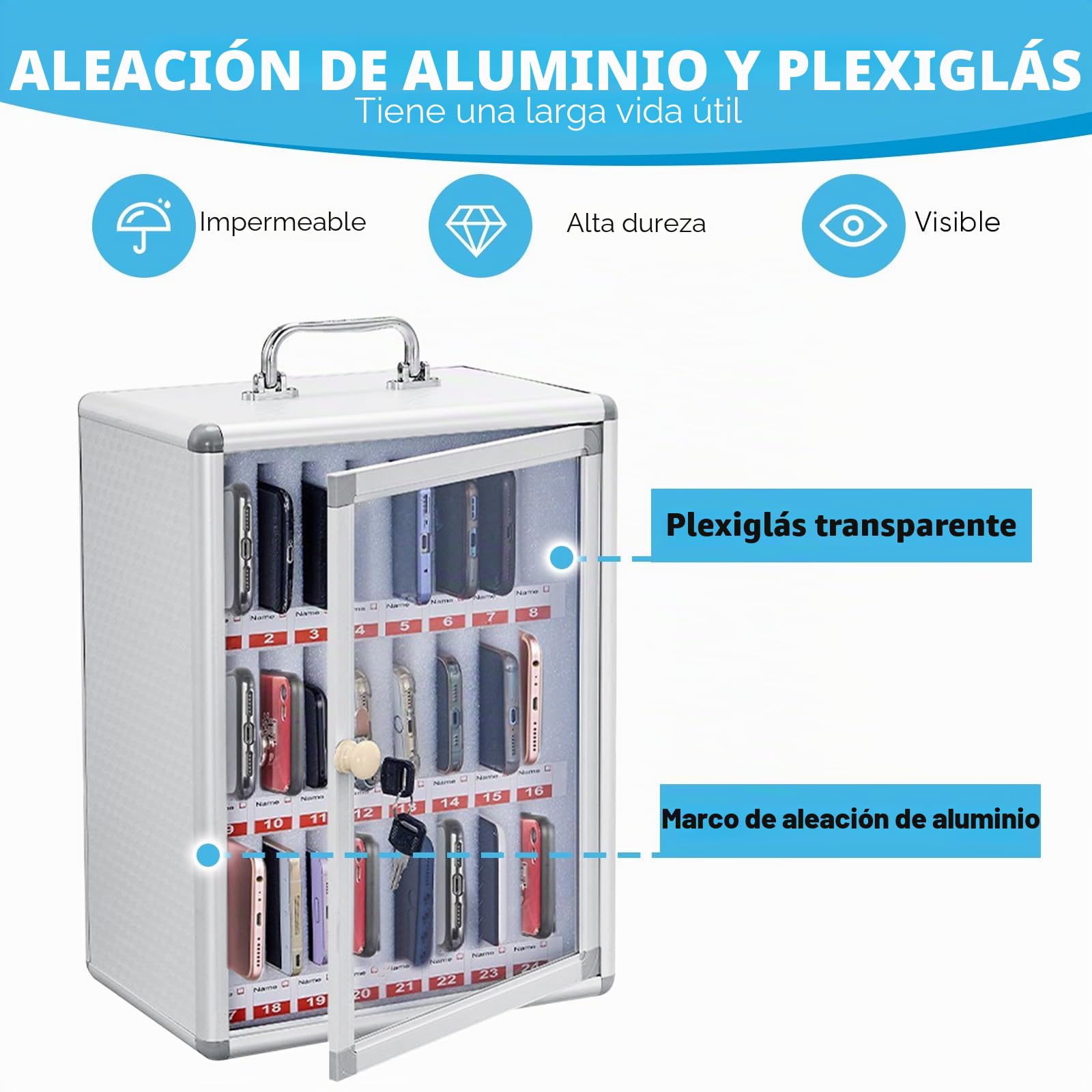 Gabinete de almacenamiento para teléfono móvil con 24 ranuras, Casillero para Teléfono Móvil Montado En La Pared,caja de almacenamiento transparente aleación de aluminio,adecuado para oficina,escuela