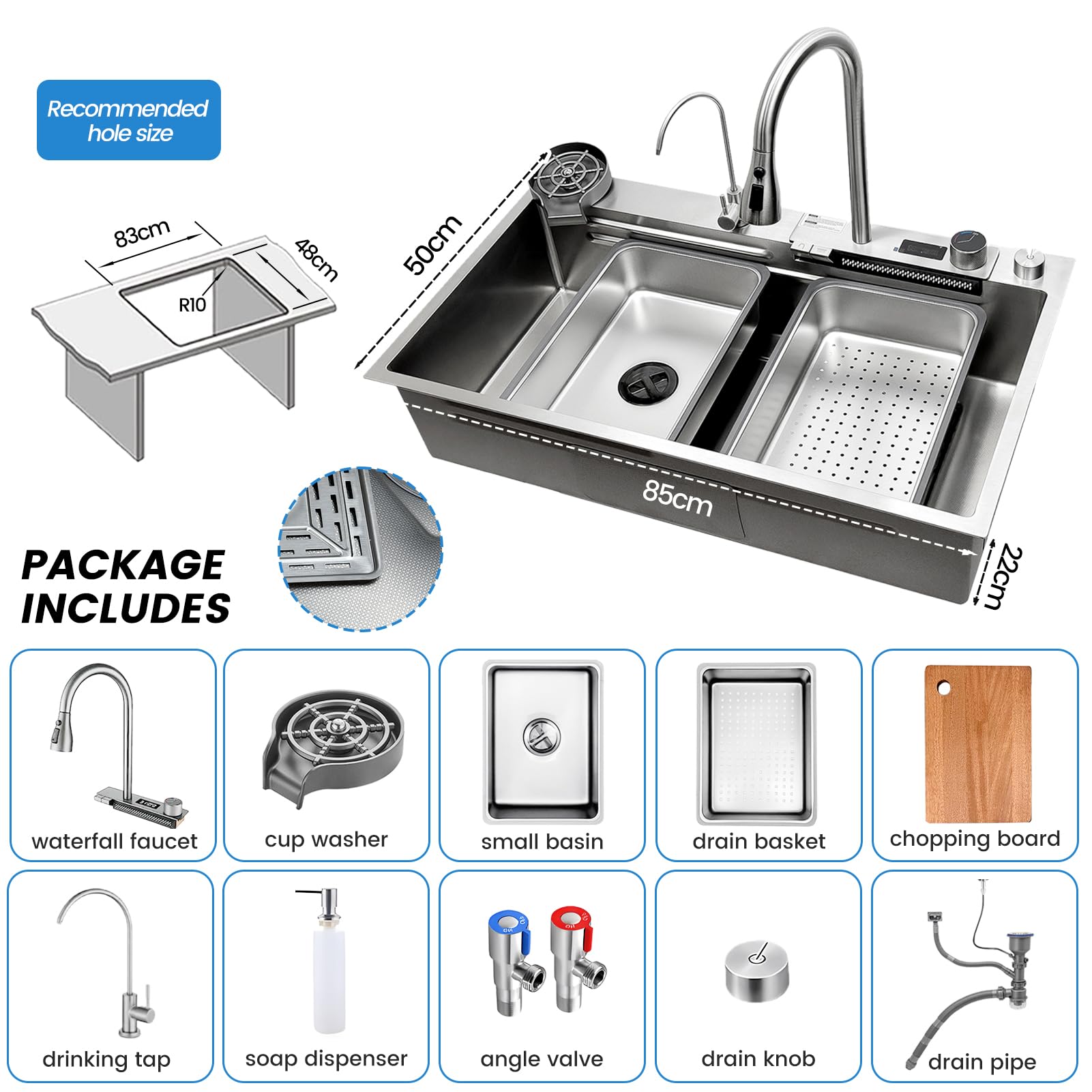 Fregadero de cocina plateado de 85 x 50 cm, acero inoxidable 304, cascada con grifo extensible, lavavajillas de cristal, tabla de cortar, sifón, tubo de drenaje, fregadero multifuncional, fregadero de