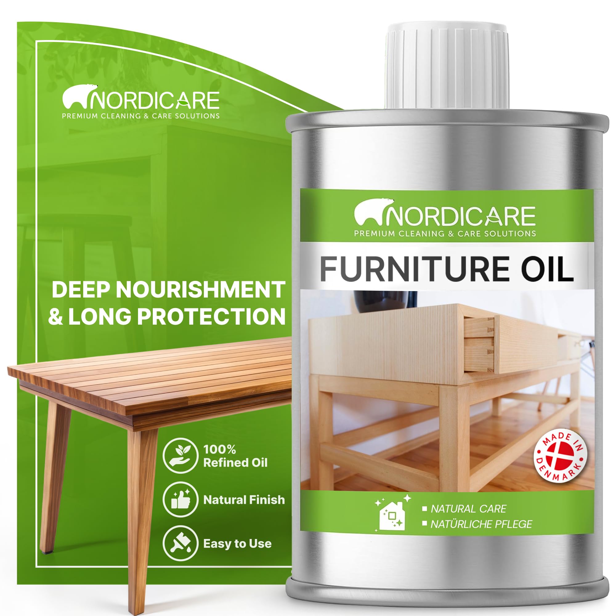 Wood Oil Colorless - Premium Walnut Oil, Teak Oil, Wood Oil Furniture for Oak, Beech, Teak, Walnut, Pine, Larch - Natural Furniture Wood Oil - Made in Denmark - for Indoor Use (1L)