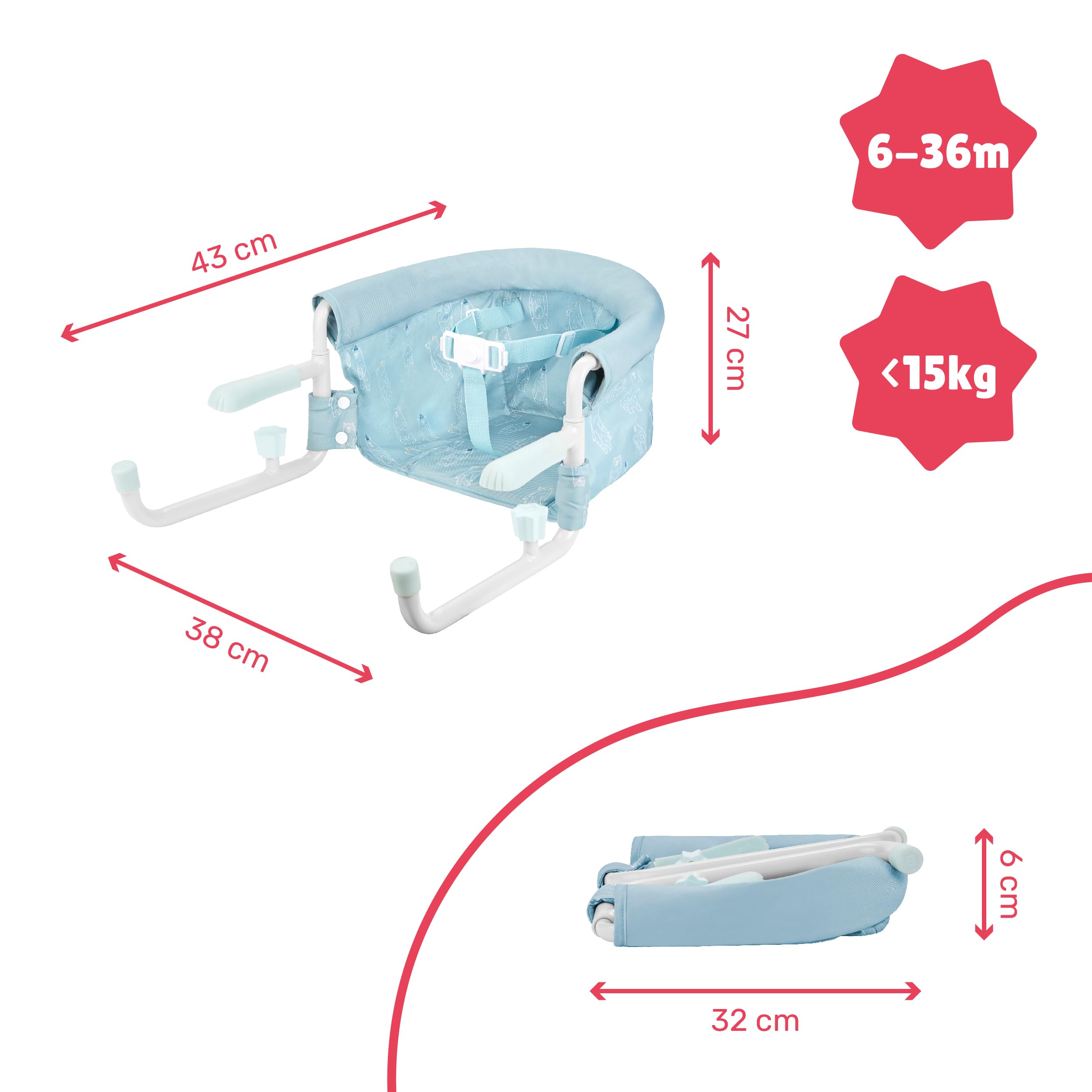 Badabulle seggiolino da tavolo per bambino con cintura a 3 punti, confortevole, chiusura ultra compatta per portarlo ovunque, da 6 a 36 mesi o 15 kg