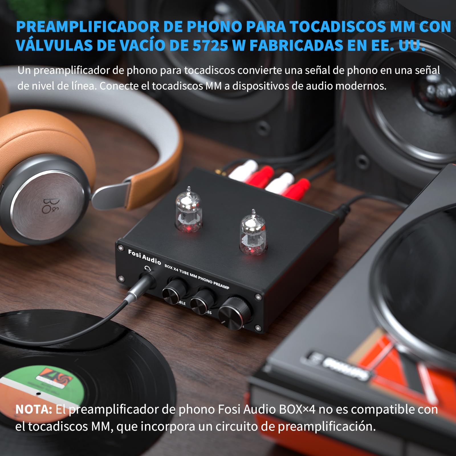 Fosi Audio Box X4 Phono Preamp Amplificador de Auriculares/Preamplificador Hi-Fi Pre Amp con 5725W Tubos de vacío para MM Tocadiscos Fonógrafo Tocadiscos con Control de Volumen Bass Treble
