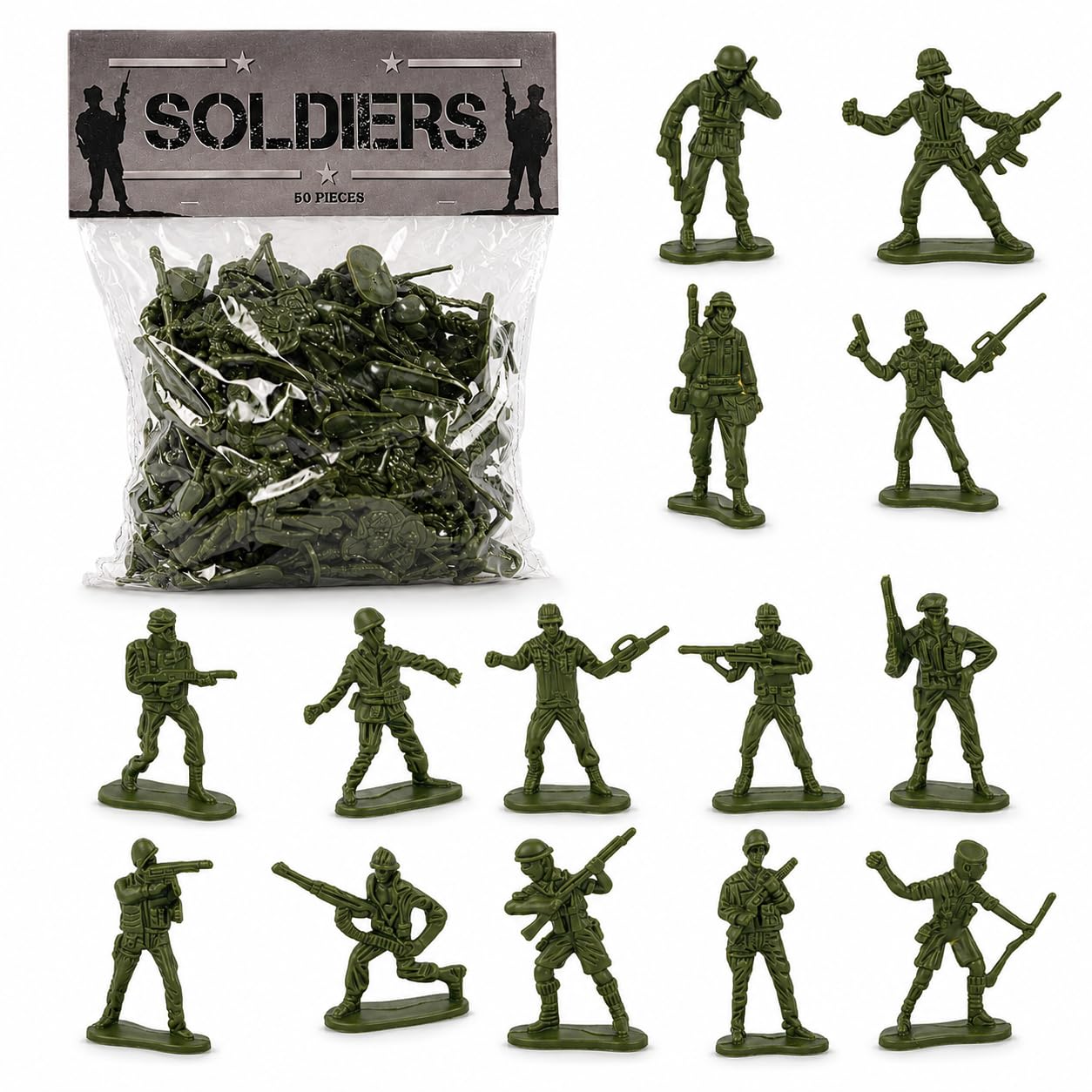 D.A.Y. Republic 50 Piece World War II Plastic Toy Soldiers Traditional Green Army Men, Free Standing in Battle Poses, Kids Military Games Action Figures, Combat Force Model
