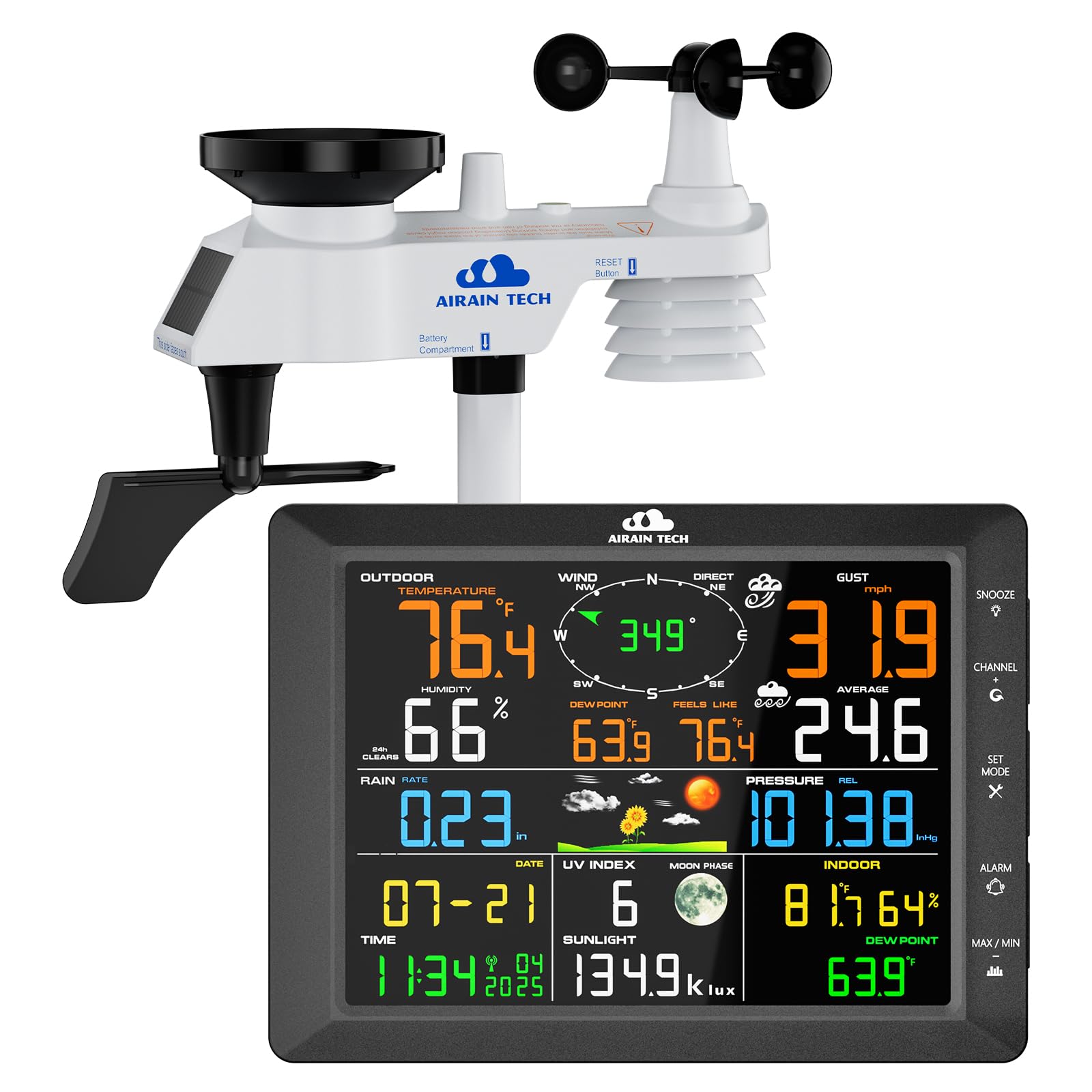 Stazione meteo wireless 14 in 1 con sensore wireless esterno, orologio radiocomandato, pluviometro, velocità/direzione del vento, fasi lunari, indice di raffreddamento del vento, punto di