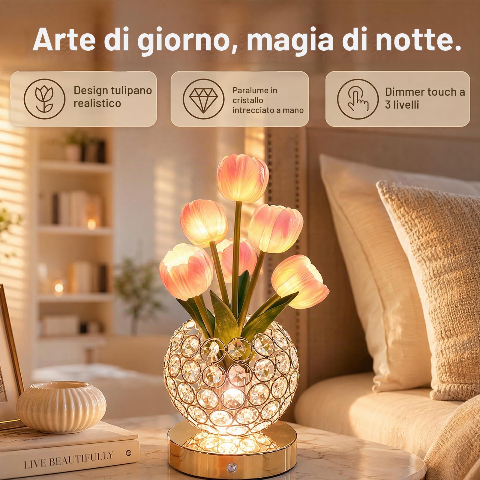 Lampada da Tavolo LED Con Tulipani, Lampada Con Fiori in Cristallo, Luce Notturna USB Ricaricabile, 3 Colori E Sfumature Infinite, Lampada Da Tavolo, Regalo Romantico per Donne