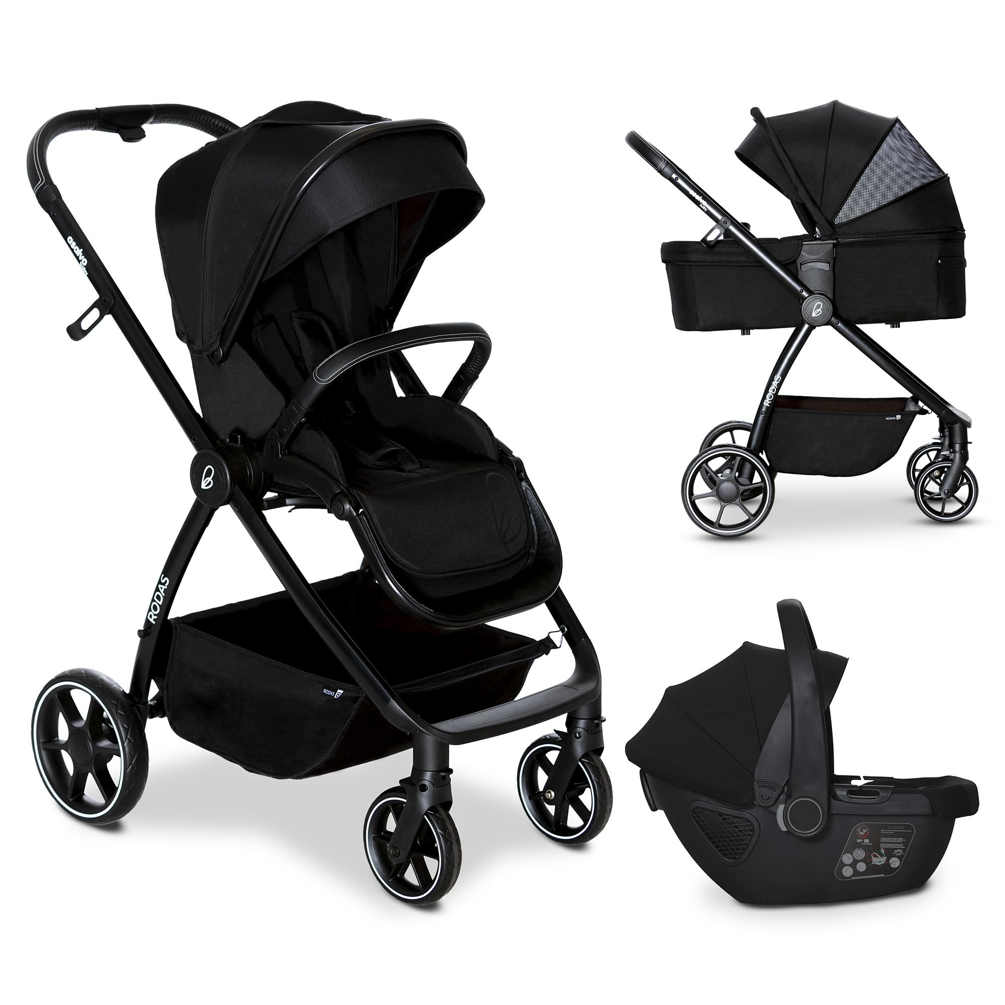 Asalvo RODAS Trío Convertible, 3 en 1, Silla de Paseo, Carrito de bebé, Silla de Auto, Confortable, Segura, Capota extensible, Suspensión en las Ruedas, Freno trasero, Carga Máxima 23 kg, Negro