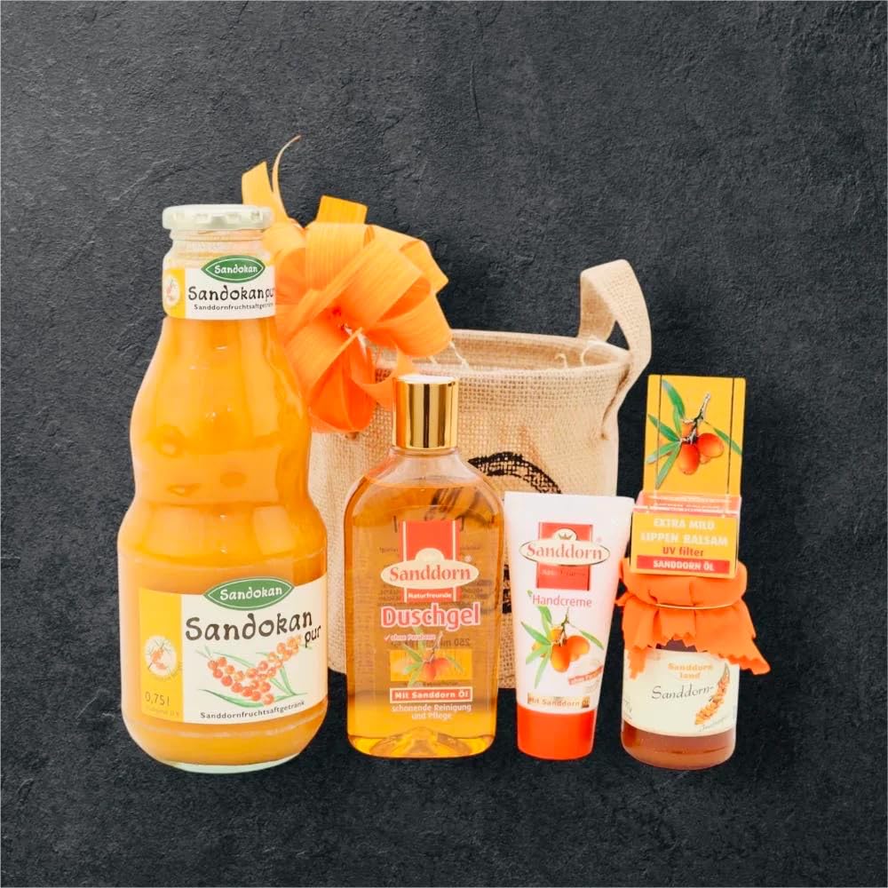 Kleiner Sanddornkorb | Geschenkkorb mit gesunden Köstlichkeiten | Ideal als Genesungsgeschenk | Hochwertige Präsente liebevoll verpackt | Fertig zum Verschenken