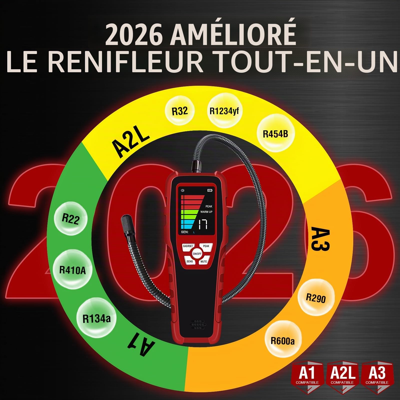 Aprvtio ALD-200 Plus Détecteur de Fuite de réfrigérant, détecteur de fuites de climatisation avec 3 Modes de sensibilité, capteur Semi-conducteur Intelligent avec Une sensibilité de 0,14 oz/an