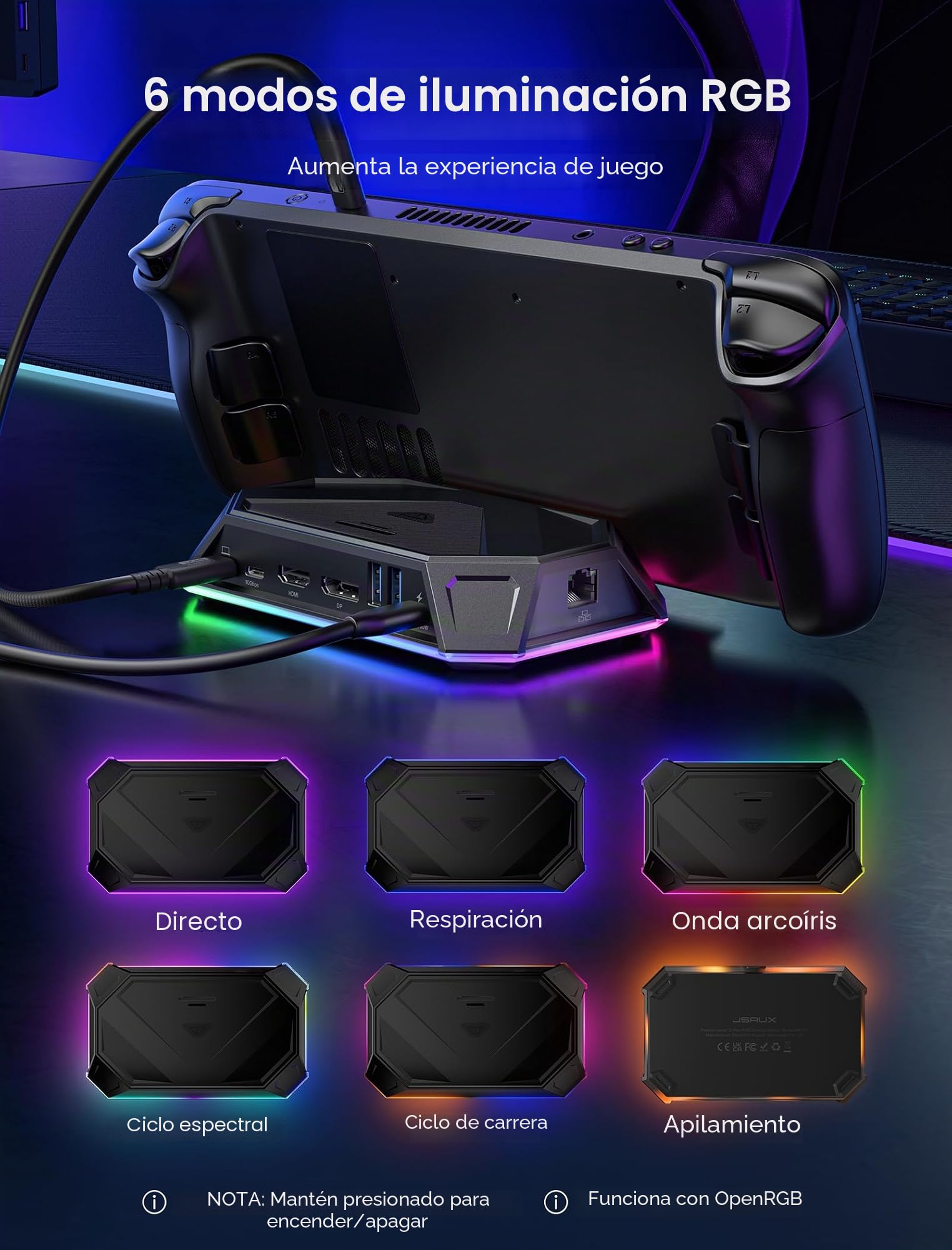 JSAUX Estación de Acoplamiento RGB para Steam Deck OLED, ROG Ally y Legion Go, Dock Portátil 12 en 1 con HDMI y DisplayPort 4K 120Hz, Ethernet Gigabit, USB C 3.2, USB A 3.2, SD TF, Jack 3,5 mm, Negro
