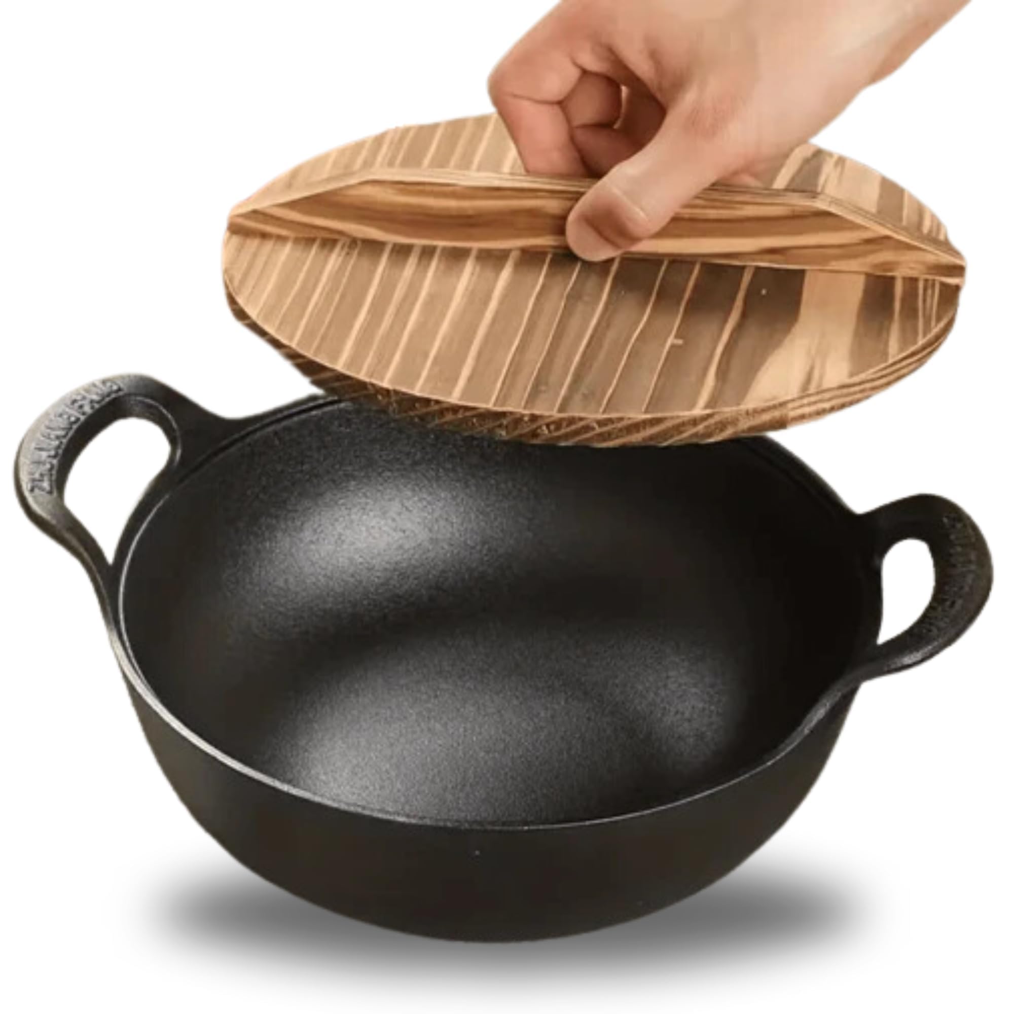 HomeEssentialsCast Iron Kadai with Wooden Lid | Pre Seasoned Iron Kadai with Handles and Flat Base | Iron Wok for Cooking | Uncoated Kadai for Electric Induction (25cm)