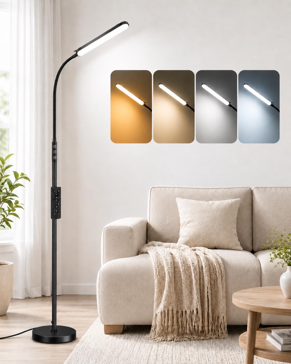 VARICART Lámpara de pie LED, 1800 lm, regulable, 175 cm, cuello flexible