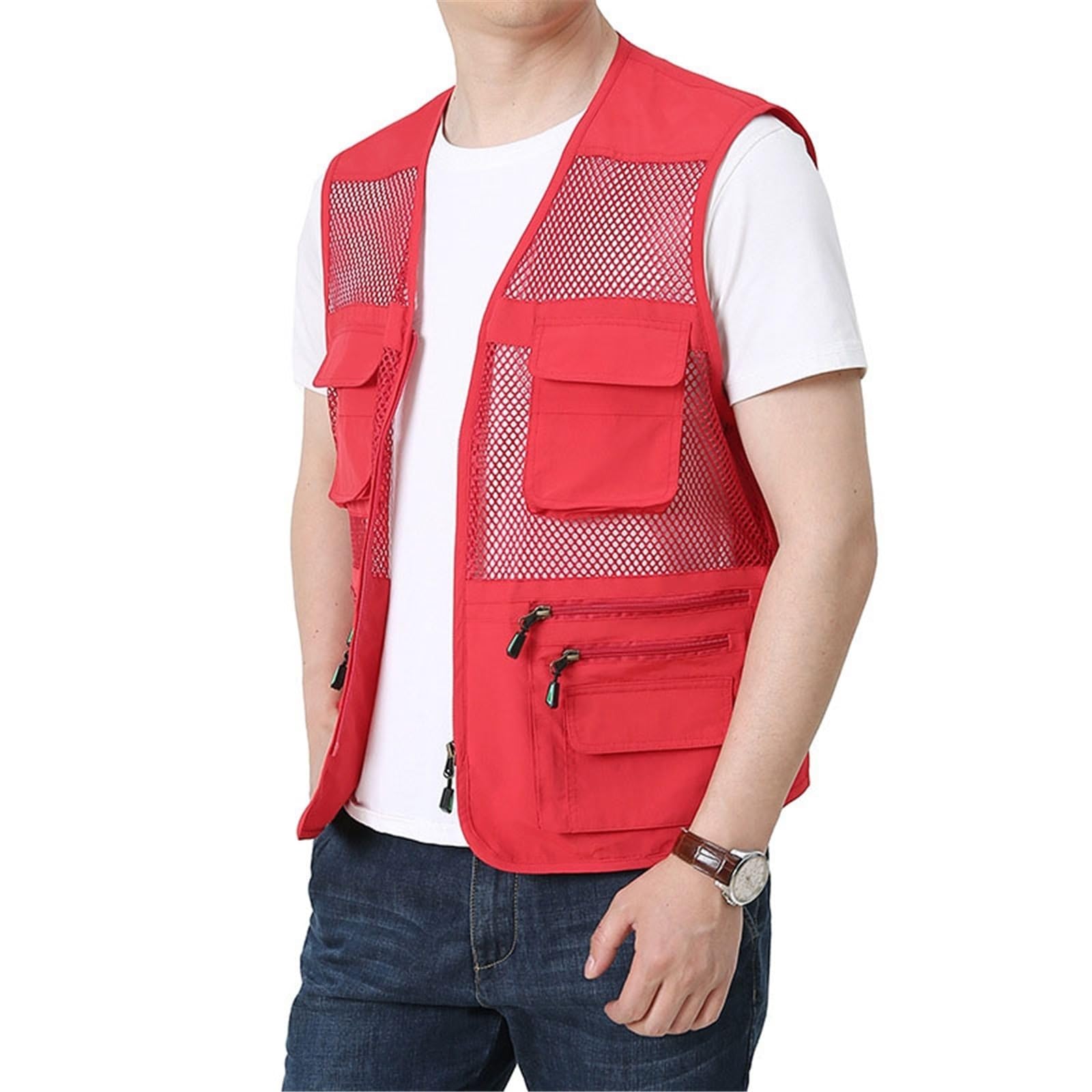 CLSQLXYJZC Gilet Da Pesca Per Esterni, Gilet Cargo Senza Maniche Casual Da Uomo Multitasche Traspirante In Rete Con Cerniera, Giacca Lavoro Traforata Antivento E Impermeabile Campeggio