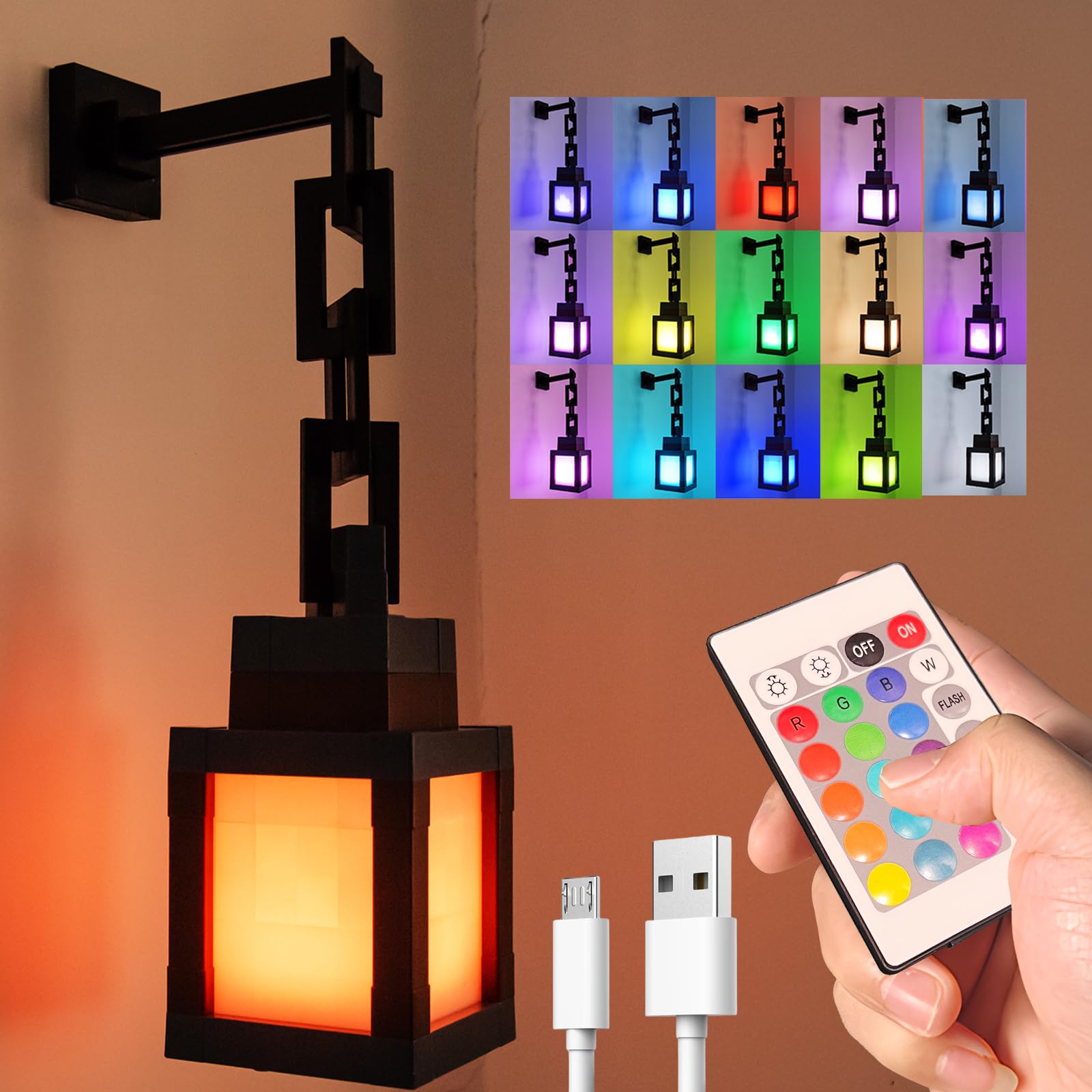 Mldnld 16‑Color Pixel Lantern Night Light, USB Rechargeable Wall Mount Night Lamp, Ambient Lighting for Bedroom & Game Room, Christmas Gift for Boys [Energy Class A++]