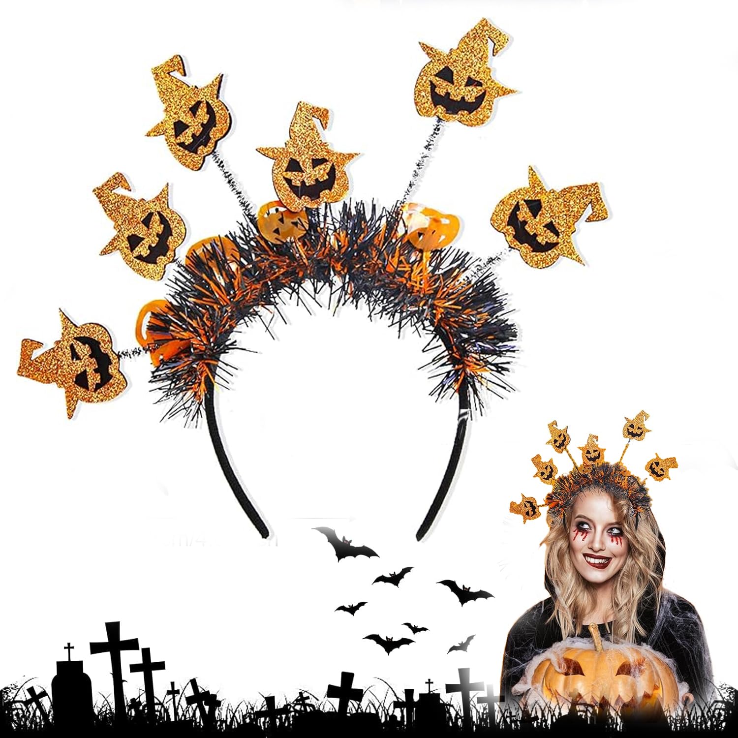 FLYGIRL Halloween Headband Glitter Skull Pumpkin Spider Hair Hoop Party Headpiece Costume Accessory for Women