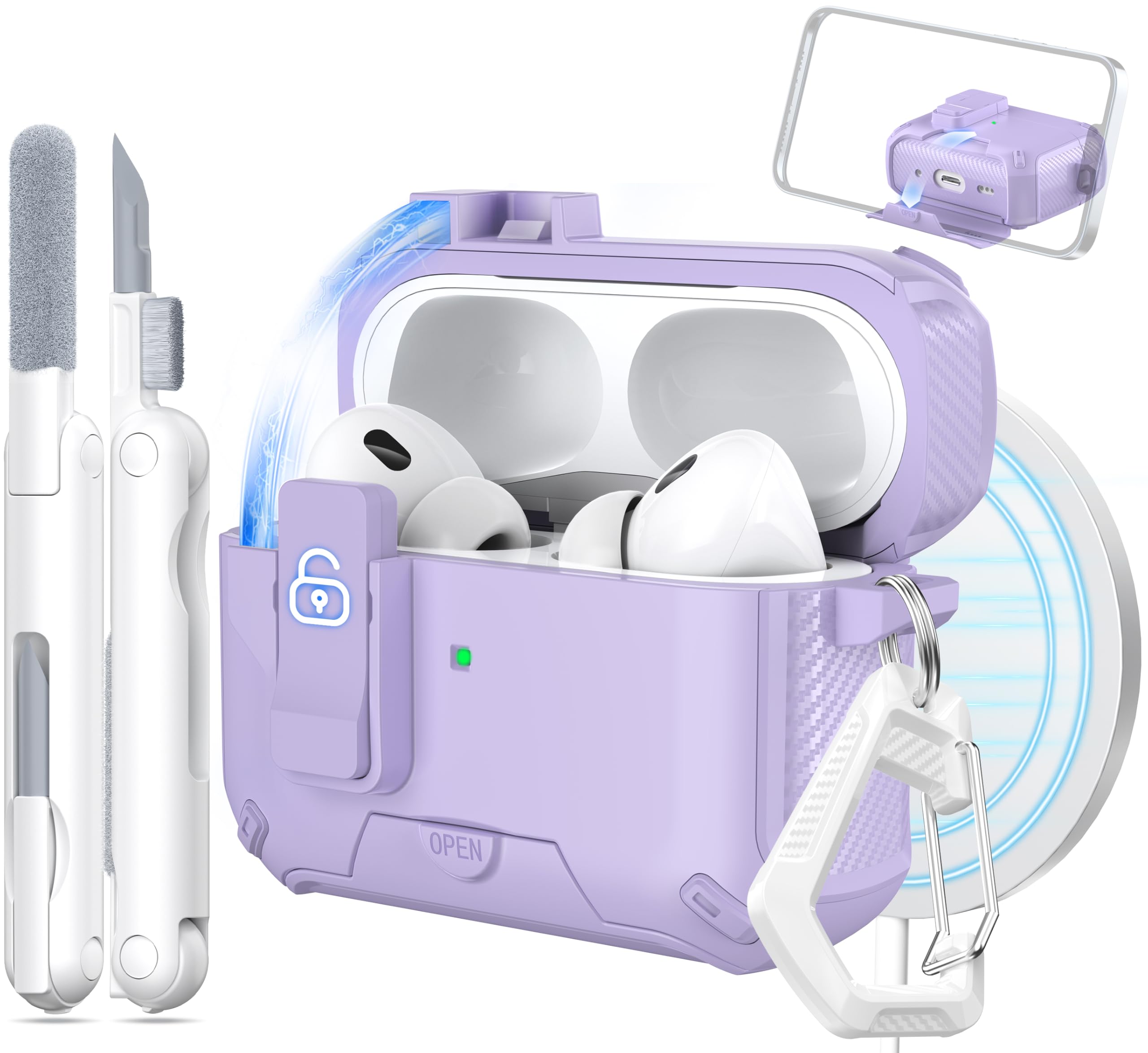 for AirPods Pro 2nd/1st Generation Case Cover, Compatible with Magsafe, Magnetic Automatic Lock, Charging Port Dust-Proof & Stand Design with Cleaning Kit, Grape Purple