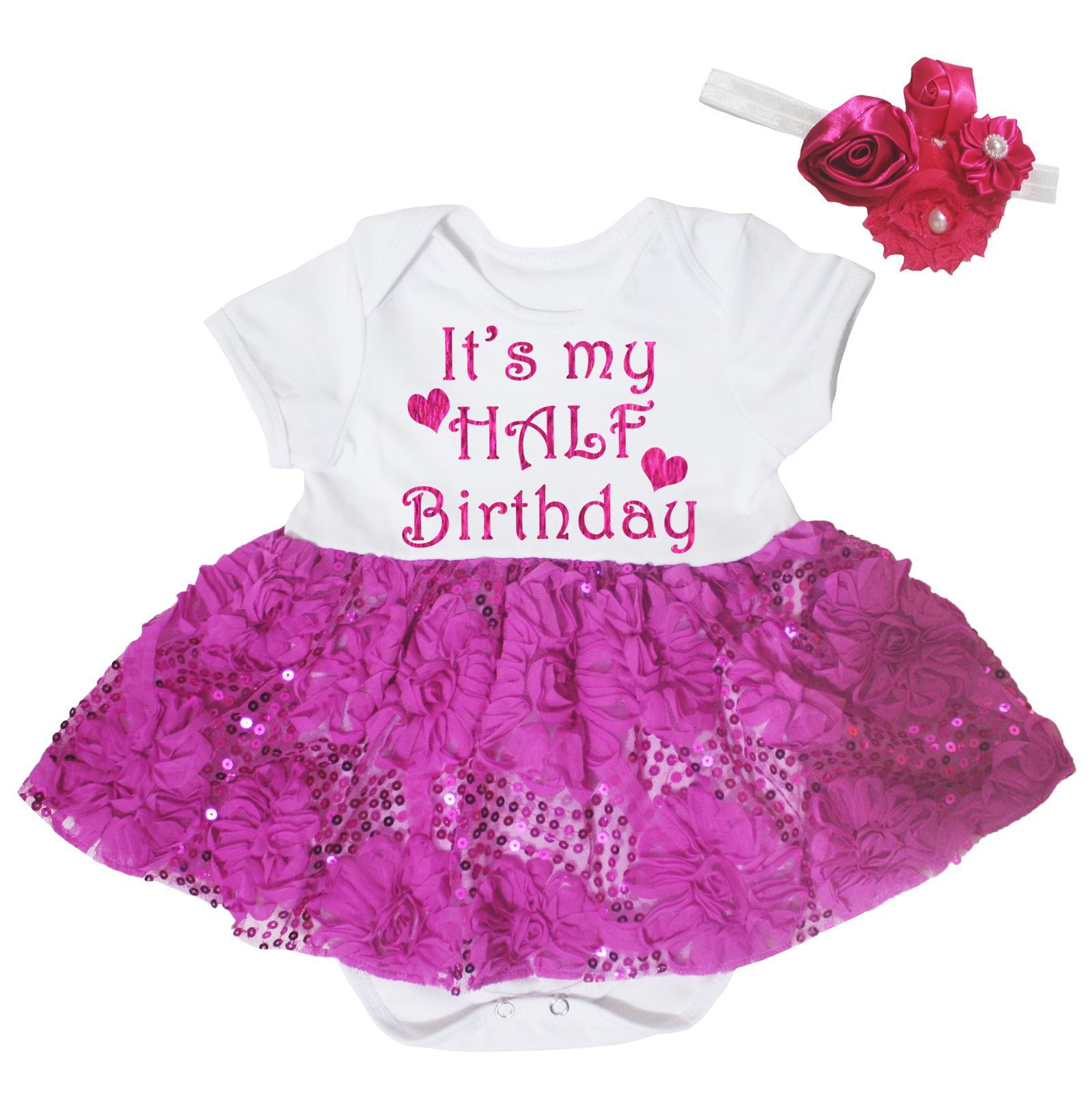 It's My Half Birthday Dress Bodysuit Hot Pink Flower Sequins Tutu Set Nb-18m