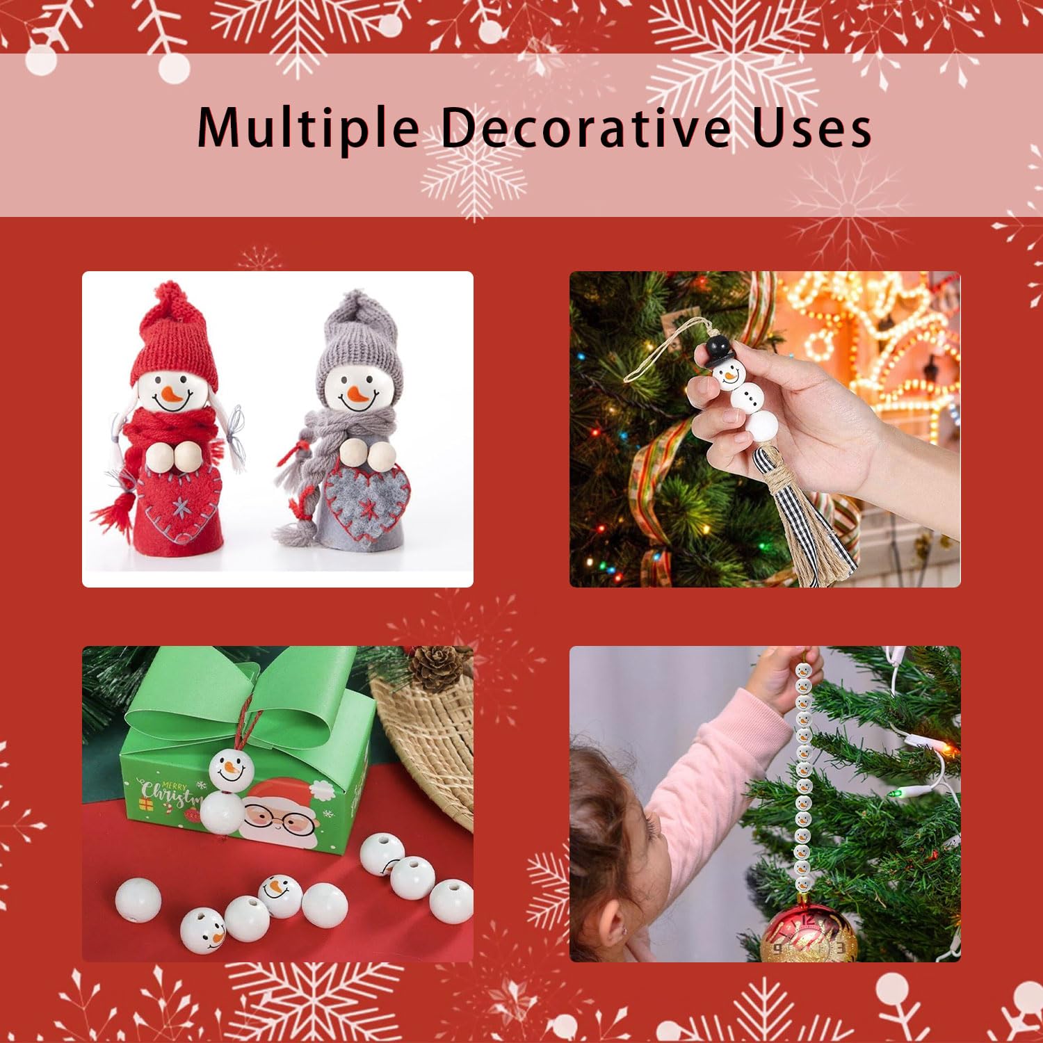 JDCMEI 60 Pièces Perles En Bois De Bonhomme De Neige 20mm Rondes En Bois De Bonhomme De Neige Perles Naturelles Rondes Perles Bois Avec Trou Pour Le Bricolage, Noël, Halloween, Décorations D'hiver