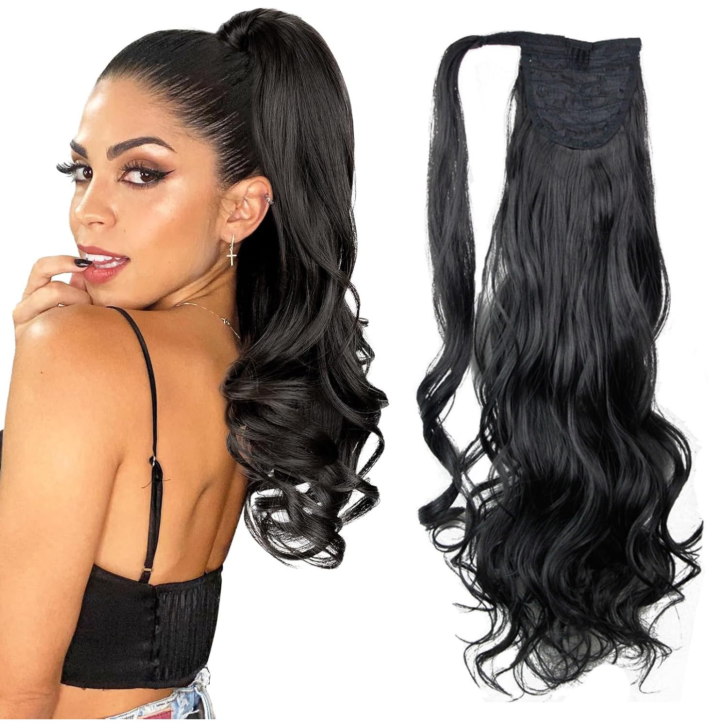 Tewiaii Ponytail Extension, Long Curly Wavy Ponytail Wrap Around Clip in Hair, 21 Inch Velcro Extensions for Women Daily Used Heat Resisitant Fiber Hair Curly Drawstring Ponytail (Black)