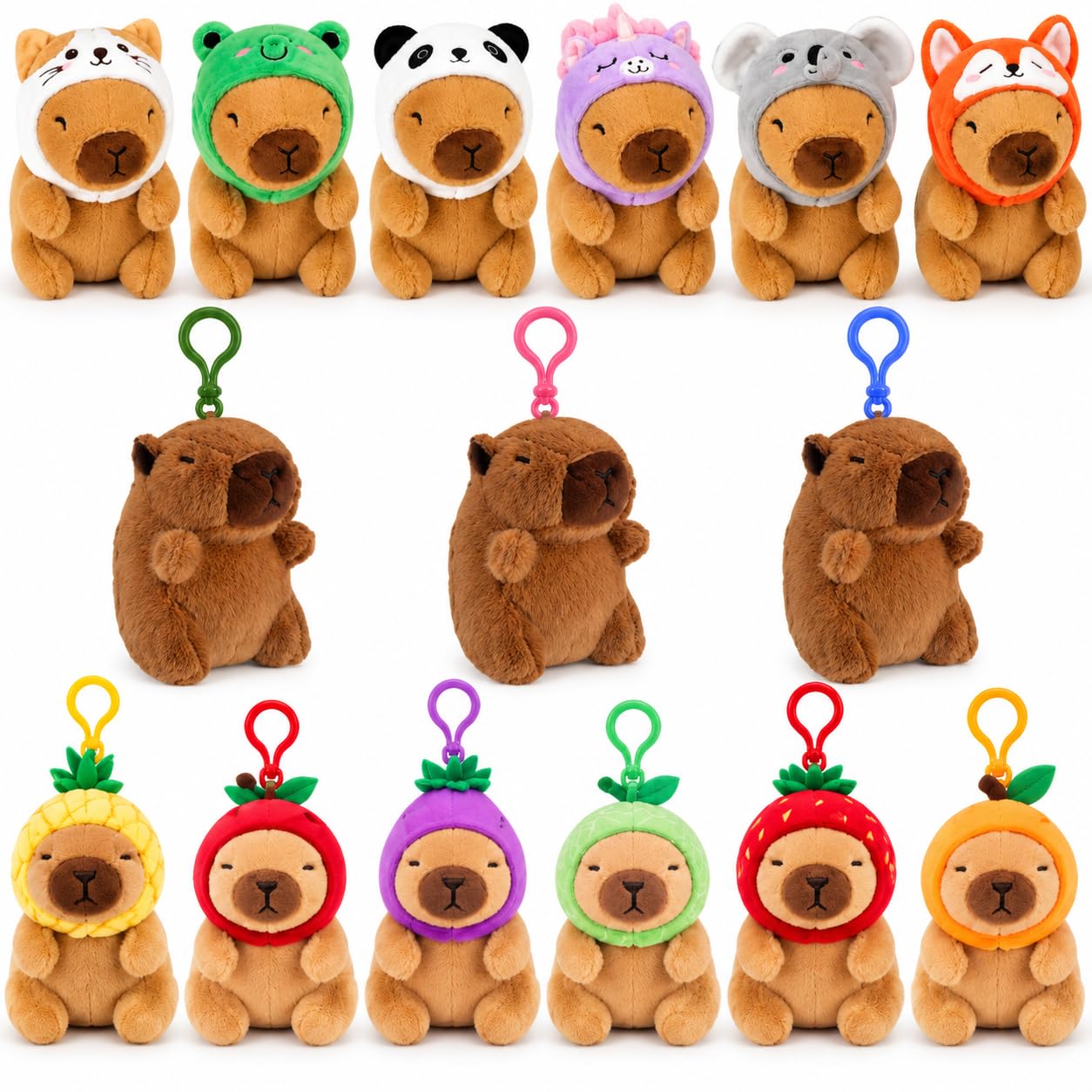 6x Capybara Plush Toy Gift Set - Cute Soft Capybara Stuffed Animals & Clip On Keyrings, Kawaii Animal Plush Toys With Fruit, Vegetable & Character Hat Designs, Bag Charms, Collectible For Kids