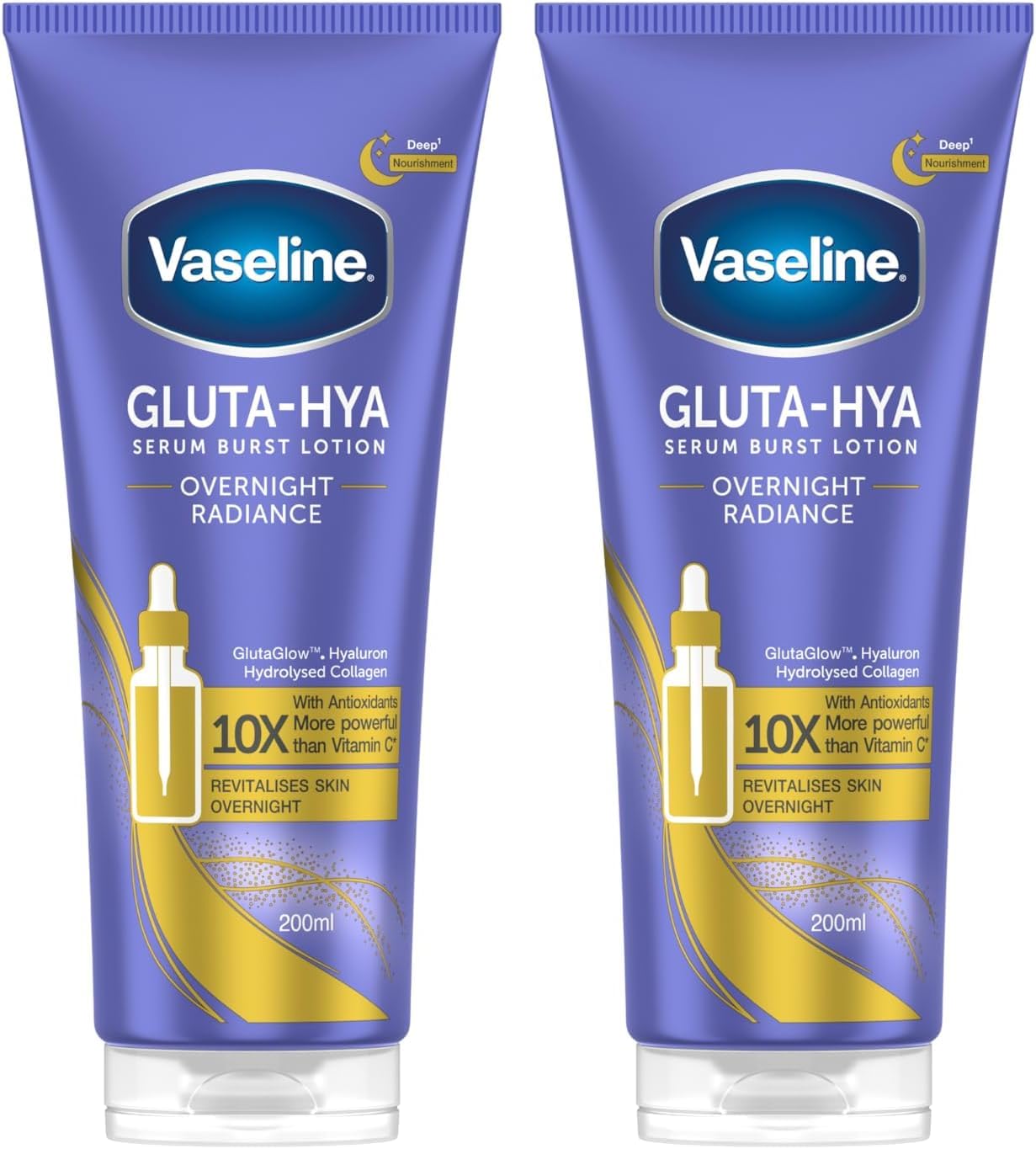 Vaseline Gluta-Hya Overnight Radiance Serum Burst Feuchtigkeitsspendende Lotion mit Antioxidantien für Glatte, Prall Aussehende Haut, 2 × 200 ml