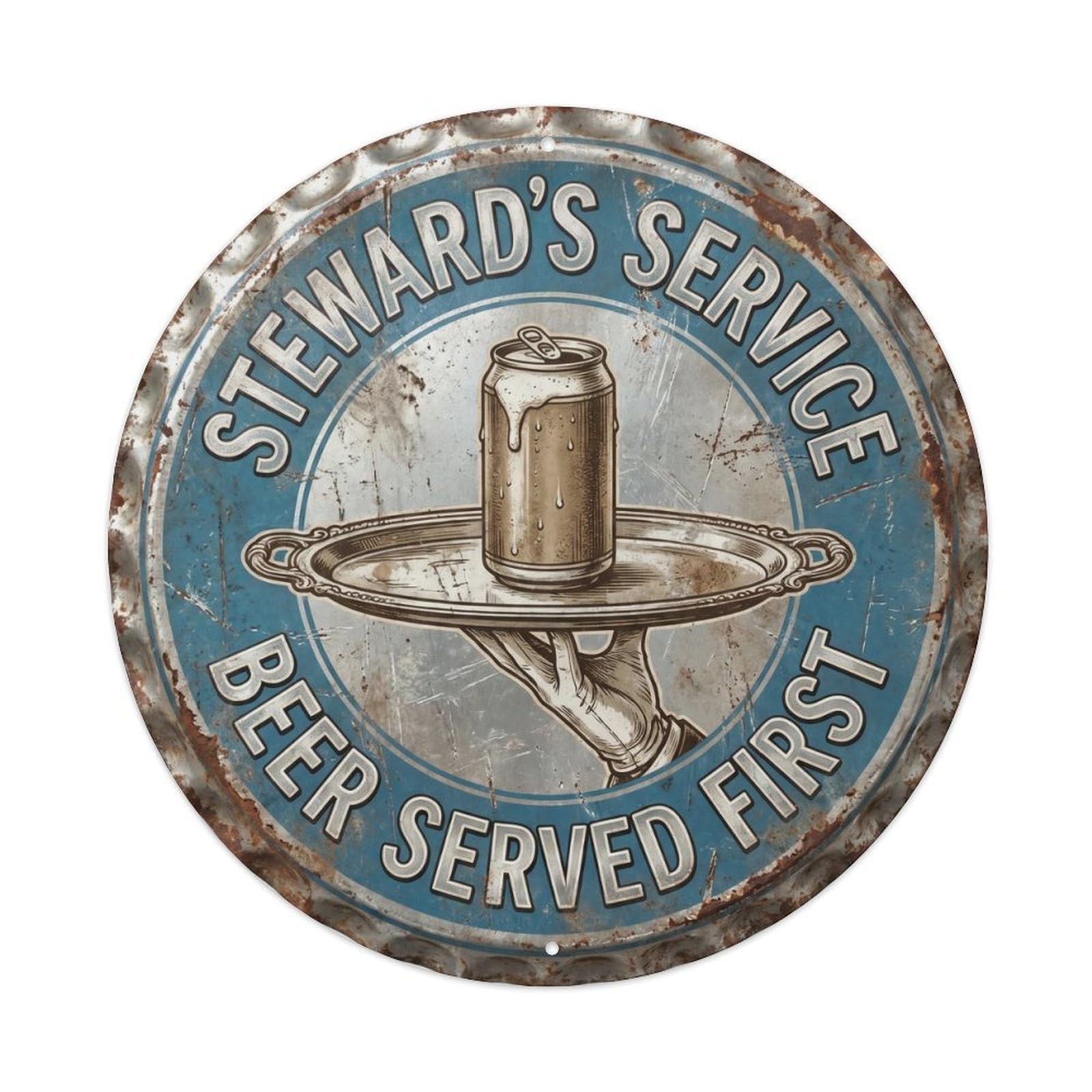 Retro Bar Style Steward Service Patio Beer Metal Tin Sign Plaque Wall Decor for Cafe, Club, Garden Round Metal Poster 8x8Inch