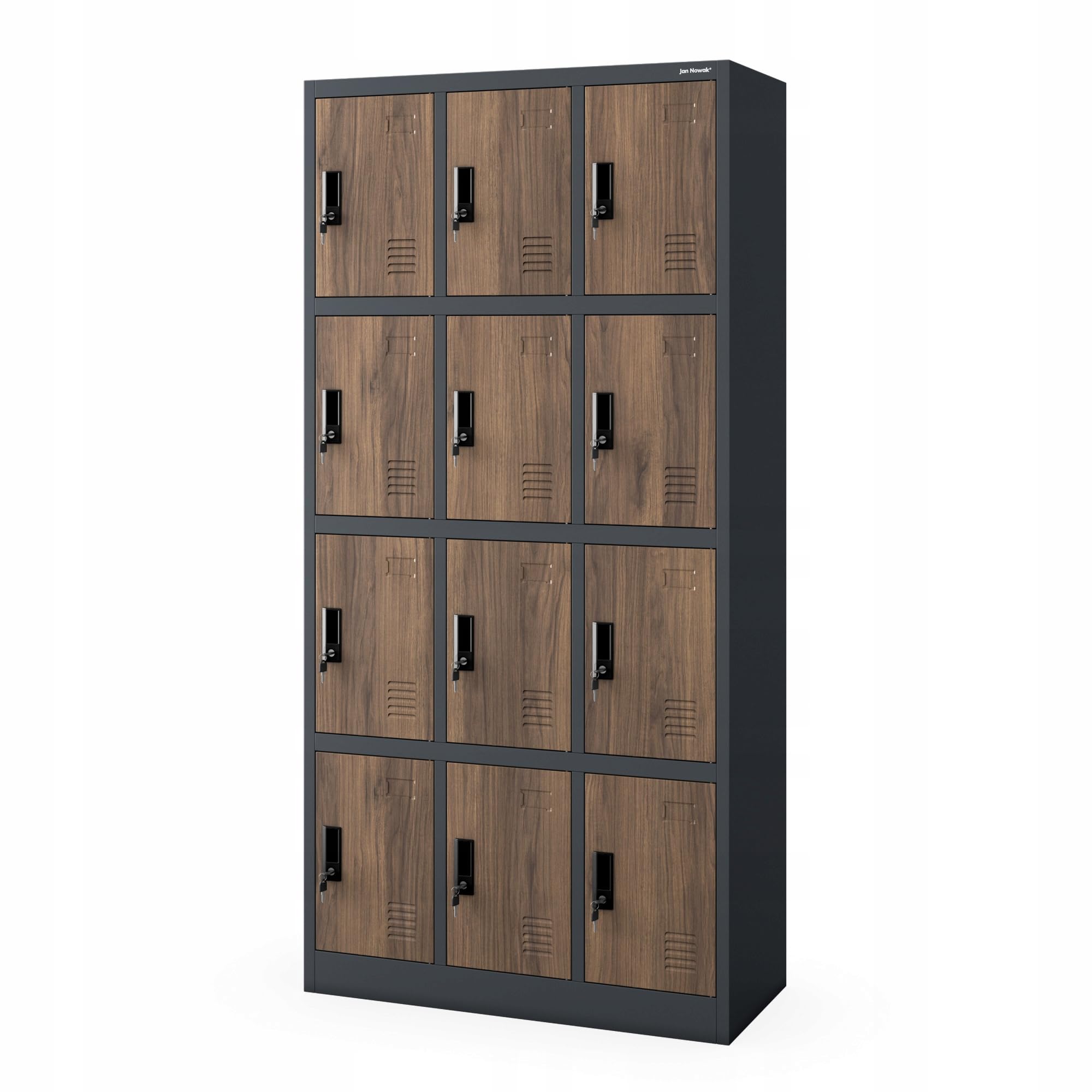 Jan Nowak Armario para Vestuario 3B4A Taquilla Metálico con 12 Compartimentos Ranuras de ventilación Recubrimiento de Polvo 185 cm x 90 cm x 40 cm Antracita-Madera