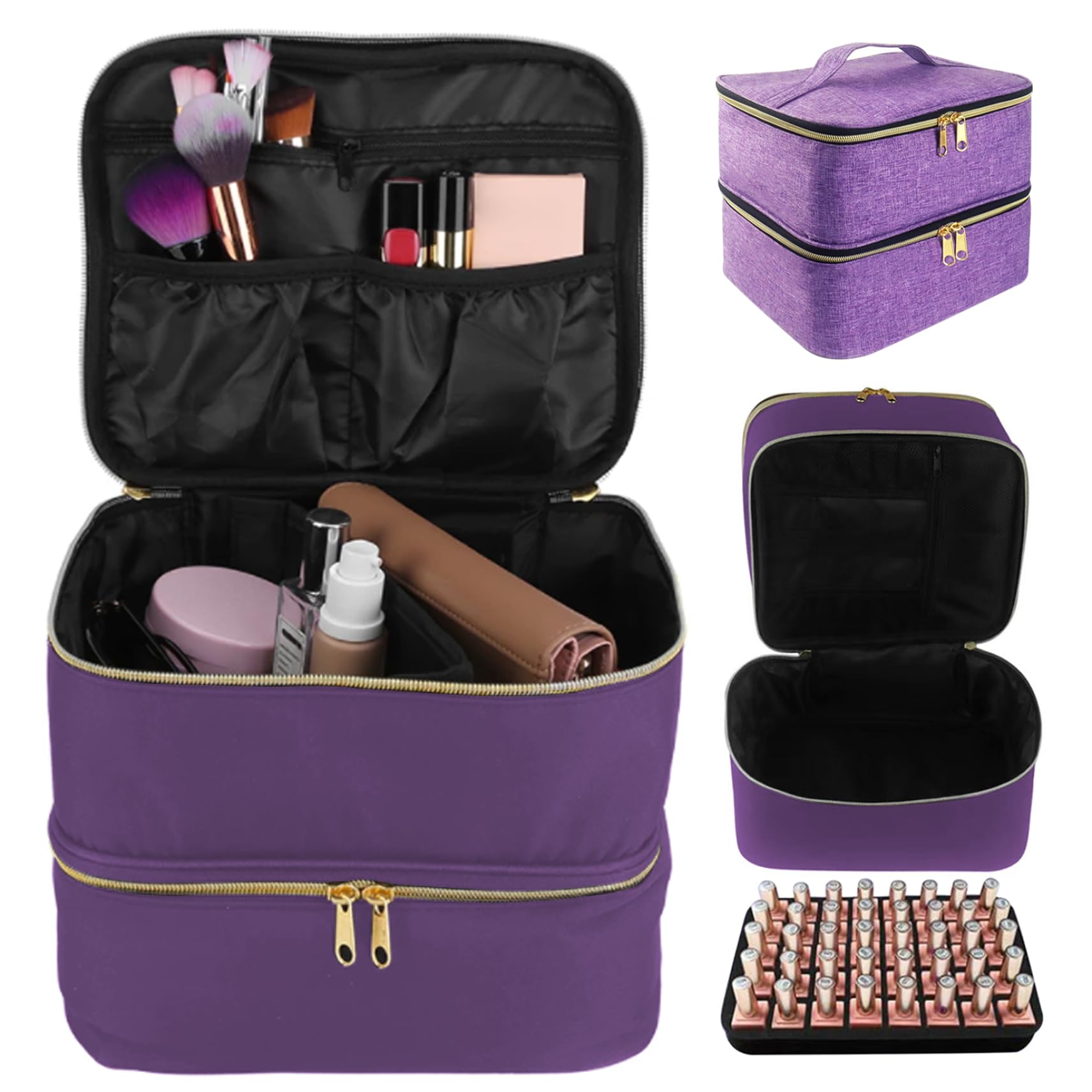 Caja de costura grande de 2 capas con asa y cremalleras, elegante estuche de almacenamiento morado para hilos de coser, agujas y accesorios, perfecto para entusiastas de las manualidades