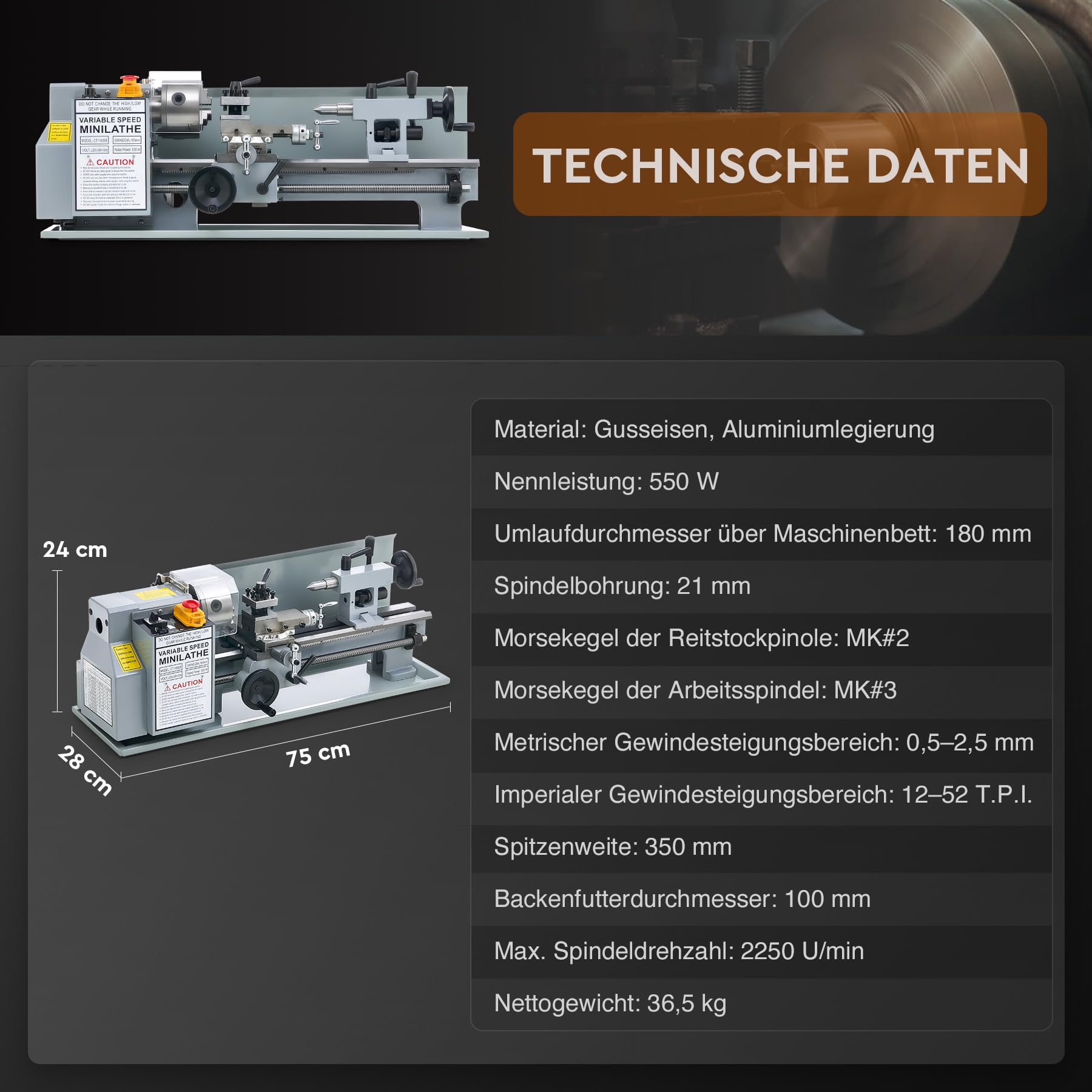 CREWORKS Drehmaschine 550W Metalldrehmaschine 7 x 14 Zoll Tischdrehmaschine 180x350MM Drehbank Metall 2250 RPM Mini Drehmaschine für Metallbearbeitung Metal Lathe (7 x 14 Zoll Hellgrau)