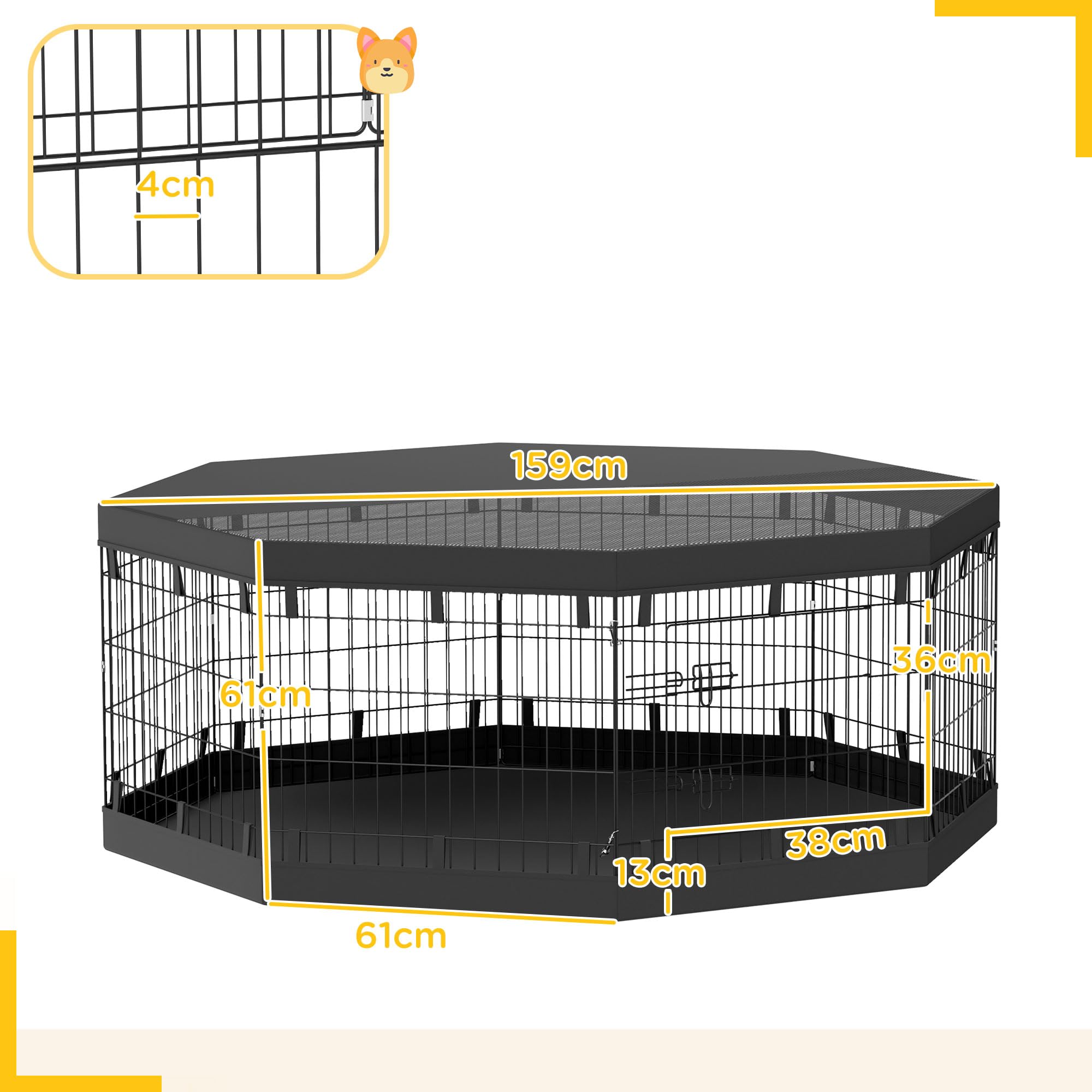 PawHut Parc pour Chien, enclos Chien intérieur, 8 Panneaux Pliables, avec Porte, Couverture supérieur et inférieure, Acier, 61 x 61 cm, Noir
