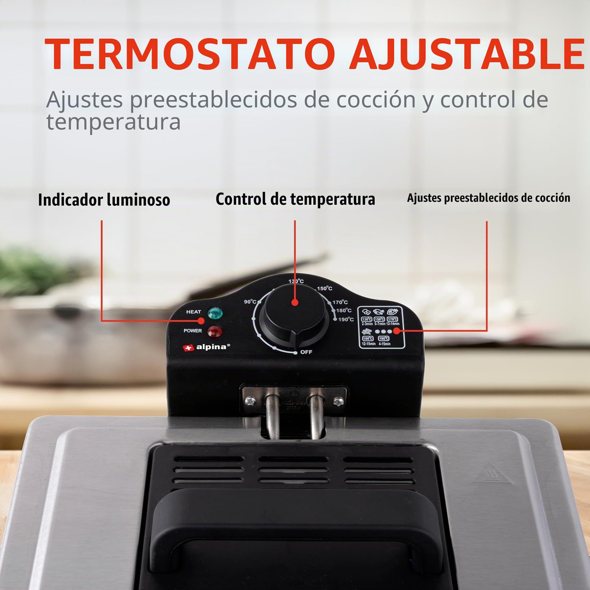 Alpina Freidora de Aceite 5 Litros Con 3 Cestas - 1 Grande y 2 Pequeñas - Ajustable Hasta 190 °C - Profesional 2000W - Acero Inoxidable